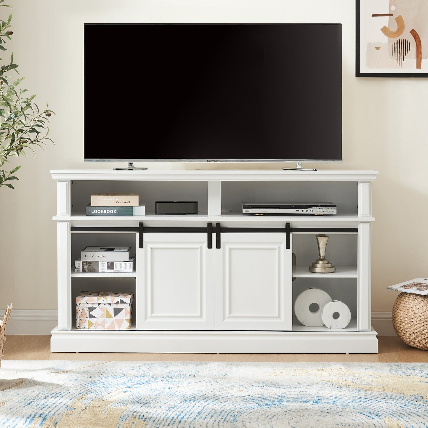 Media Console Table with Storage Cabinet, Mid Century Modern TV Console with 23' Fireplace Insert, Multipurpose Sliding Door TV Cabinet Large Storage Space, 58.11'W*15.79'D*32.36'H Antique White