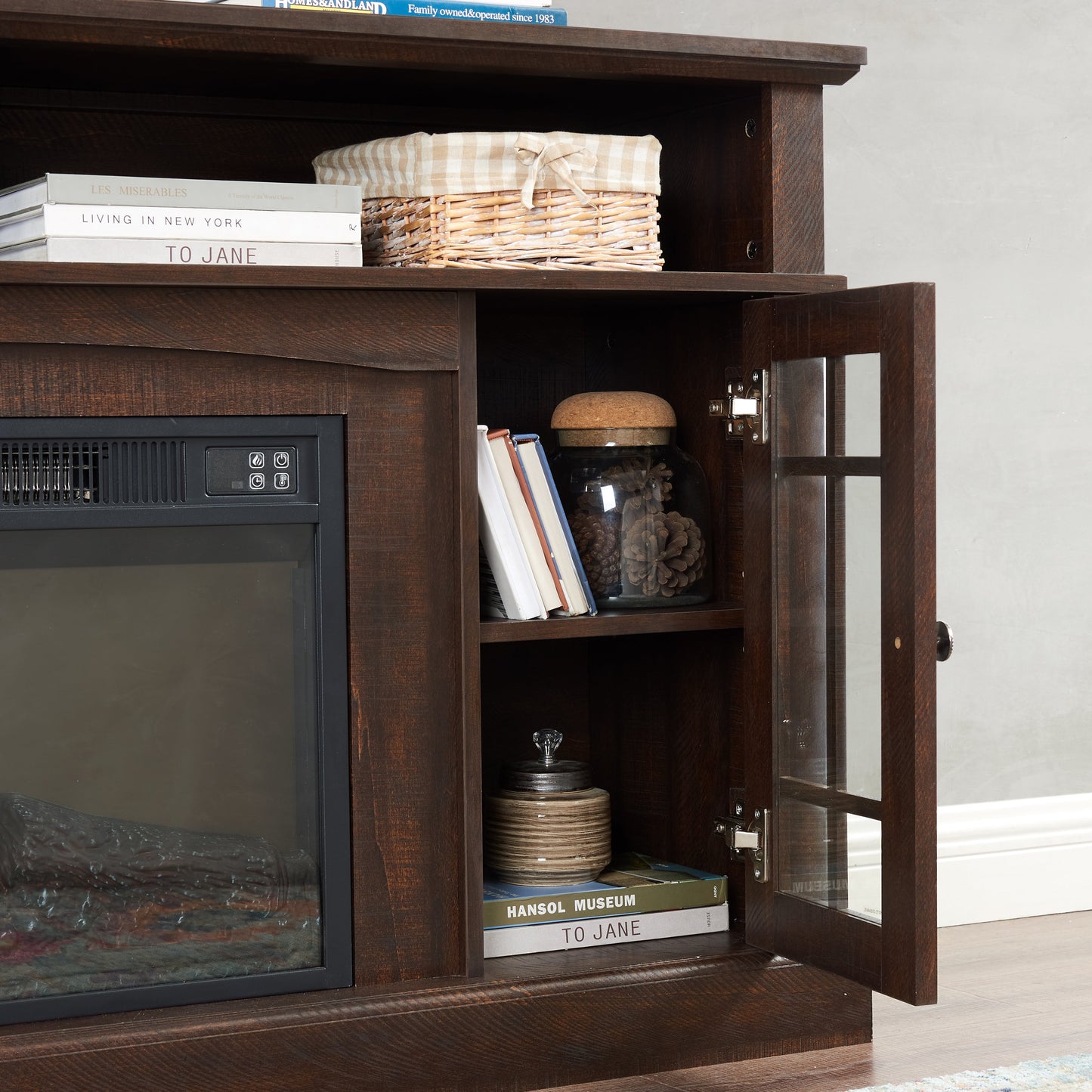 Classic TV Media Stand Modern Entertainment Console with 23' Fireplace Insert for TV Up to 65' with Open and Closed Storage Space, Espresso, 58.25'W*15.75'D*32'H