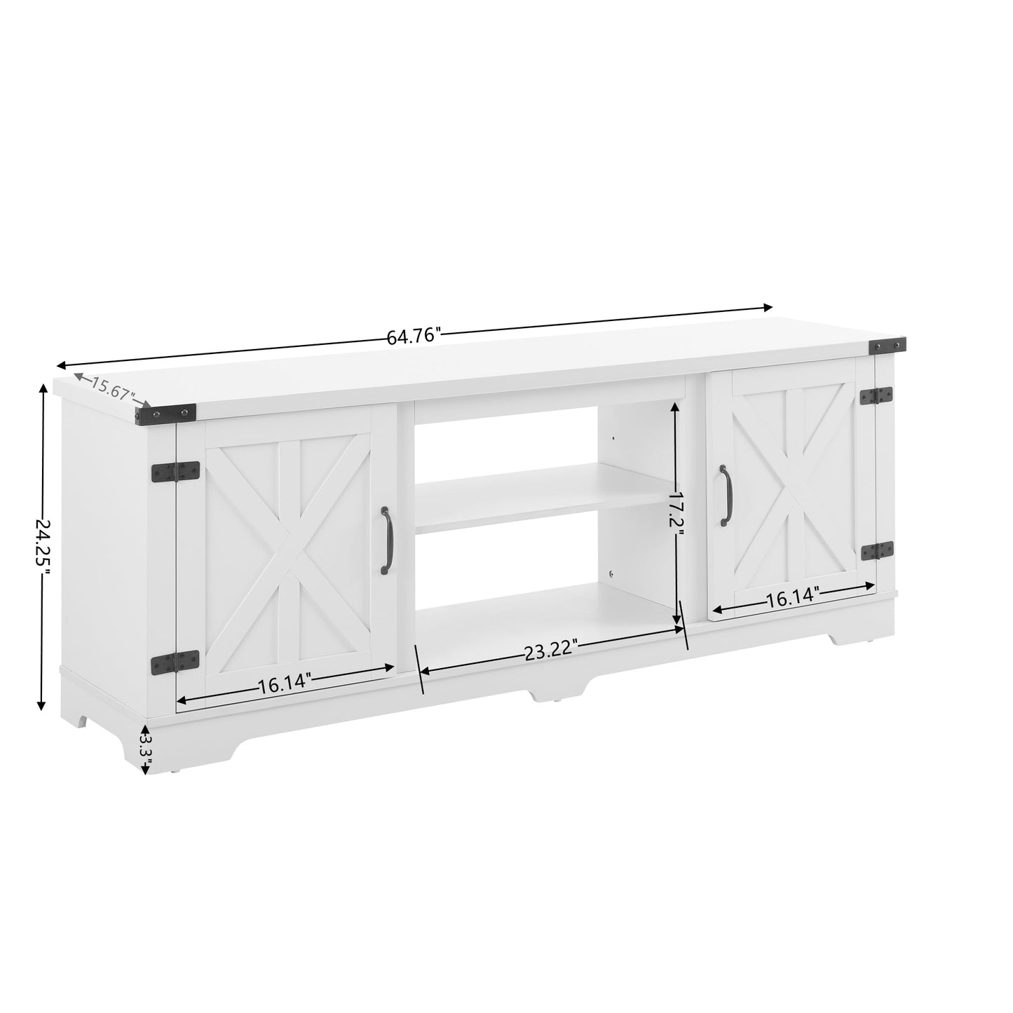Modern Farmhouse TV Media Stand, Large Barn Inspired Home Entertainment Console, with 23' Fireplace Insert, for TV Up to 70'', with Open Shelves and Closed Cabinets, White, 64.8'W*15.67'D*24.29'H