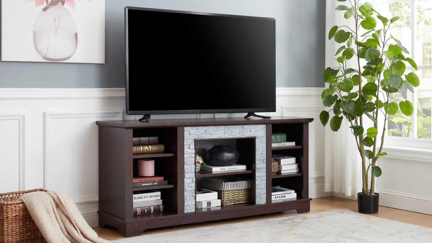 TV Media Stand with with Faux Stacked Stone Surround, Modern Entertainment Console with Open Storage Space, Cherry, 58.31'W*15.39'D*26.06'H