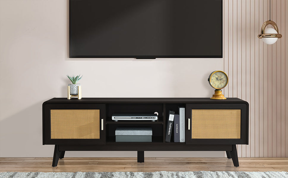 63'' Dark Rattan TV Stand with 2 Storage Cabinets for 65 Inch TV, Entertainment Center with Solid Wood Legs, Media Console Table for Living Room, Bedroom