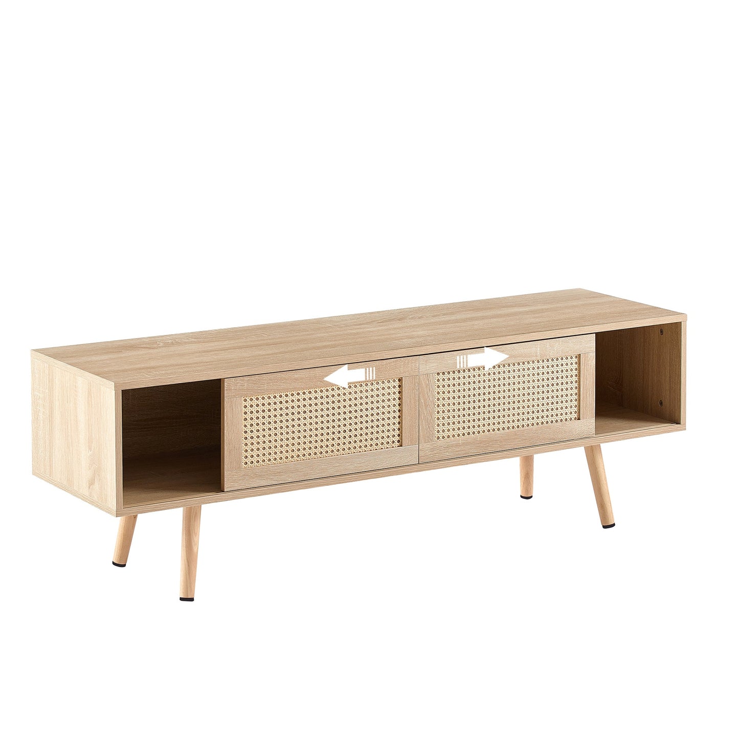 Natural Rattan TV Cabinet with Double Sliding Doors, Adjustable Shelf, Solid Wood Legs, 55.12 Inches