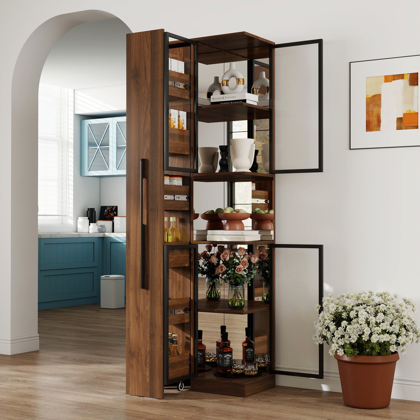 70' Display Cabinet with Glass Doors and Lights, with multi-functional pull-out multi-tier storage shelf , Wooden Display Storage Cabinets