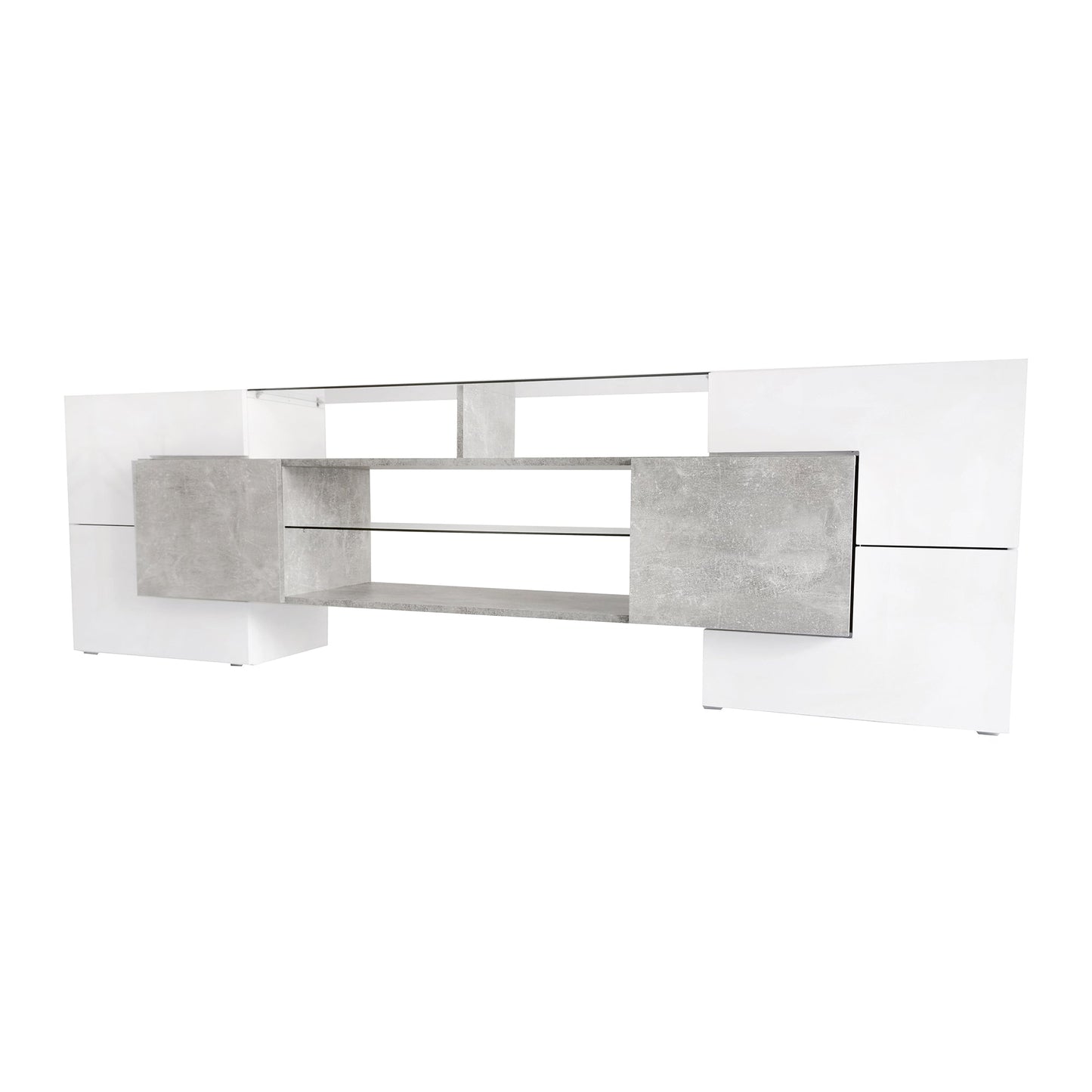 ON-TREND Unique Shape TV Stand with 2 Illuminated Glass Shelves, High Gloss Entertainment Center for TVs Up to 88', Versatile TV Cabinet with LED Color Changing Lights for Living Room, Grey