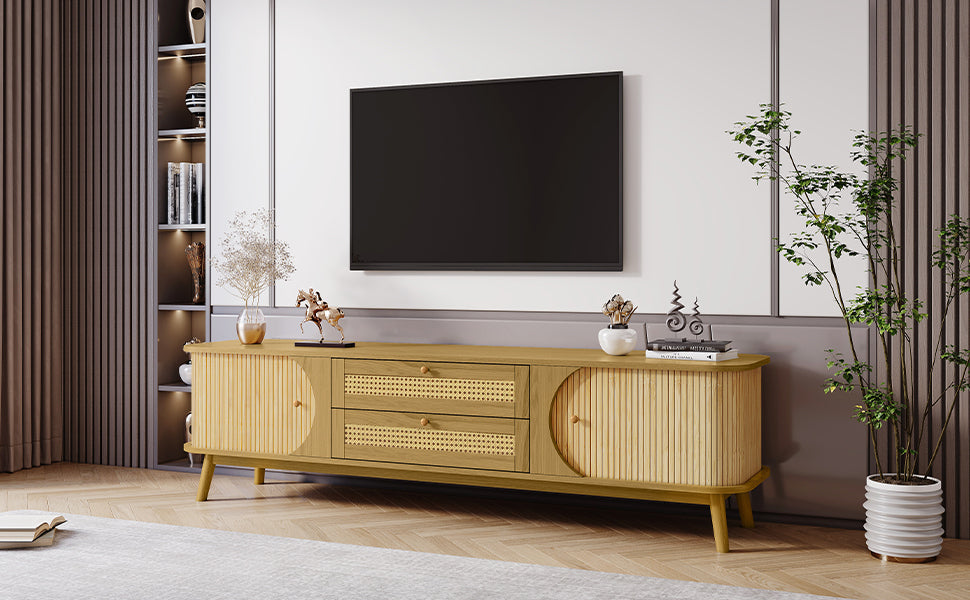 Rattan TV Stand for TVs up to 75'', Modern Farmhouse Media Console, Entertainment Center with Solid Wood Legs, TV Cabinet for Living Room,Home Theatre