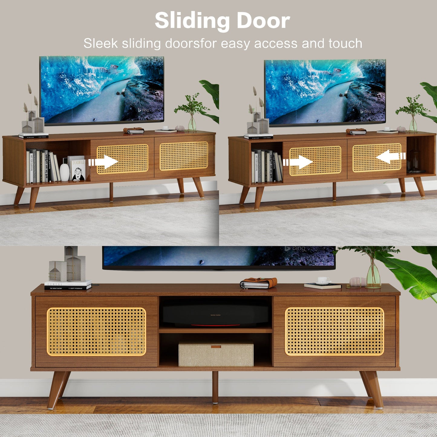 Mid Century Modern Rattan TV Stand for 55/60/65 inch TV , Entertainment Cabinet, Media Console for Living Room Bedroom Media Room, Solid Wood Feet & Rattan Cabinet Doors (Walnut, 59')