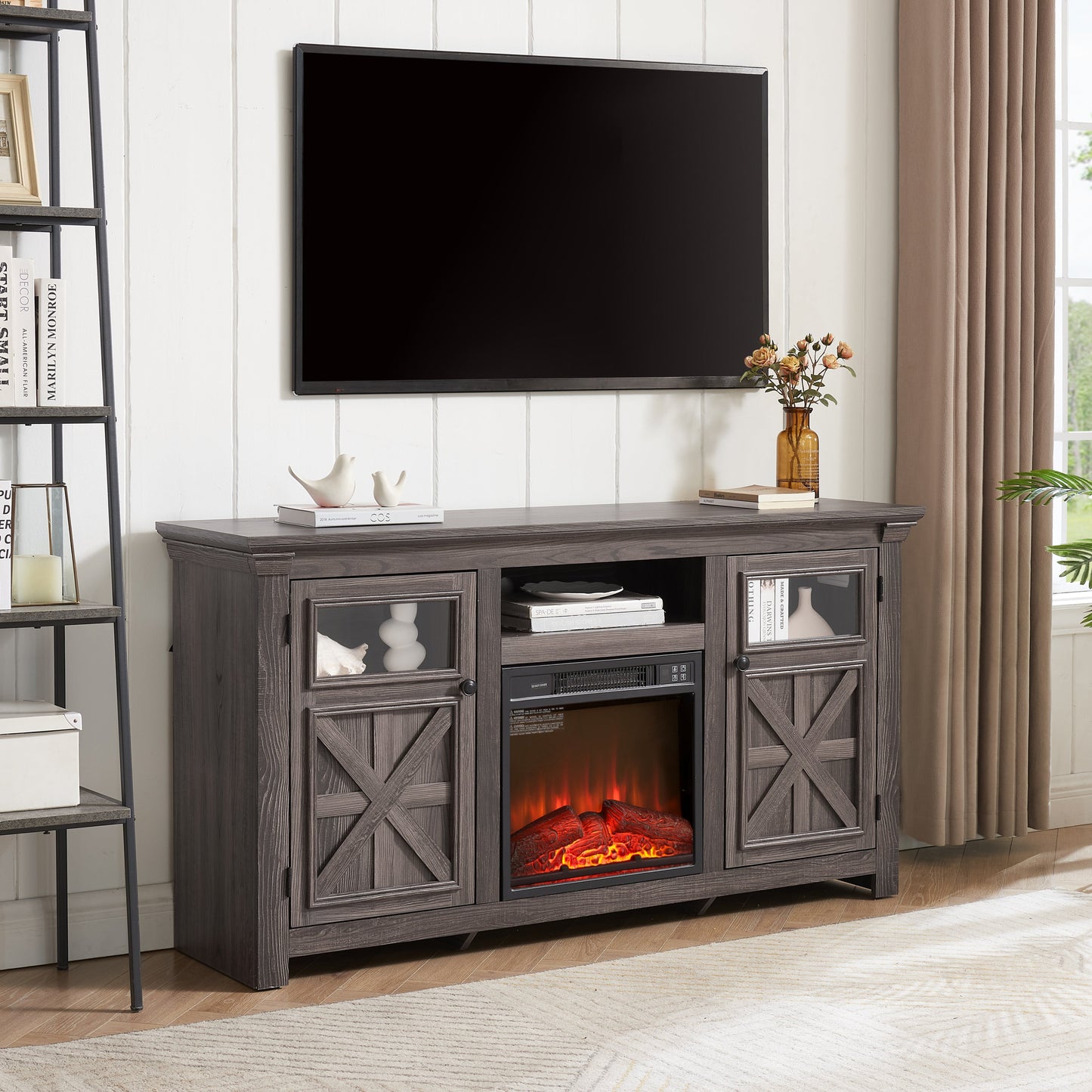 2 Doors Cabinet Farmhouse Cabinet, Farmhouse TV Stand Barn Design,Farmhouse TV Media Stand, Large Barn Inspired Home Entertainment Console with 18' fireplace insert,GREY, 60.23'W*15.35'D*31.7'H