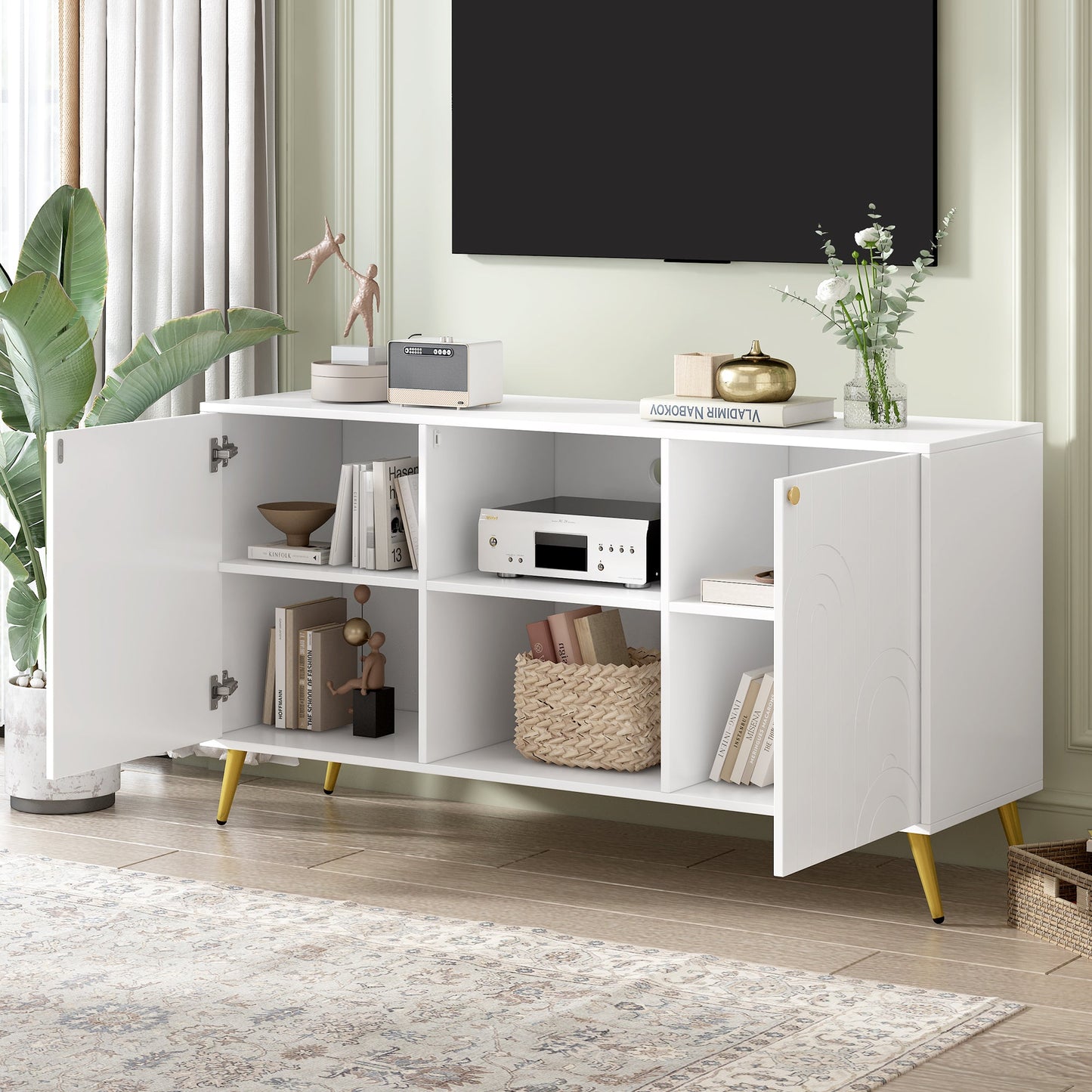 U-Can Modern TV Stand for TVs up to 55 Inches, Entertainment Center Media Console,Adjustable Shelf, Metal Legs, Handles and Anti-tip Device for Living room