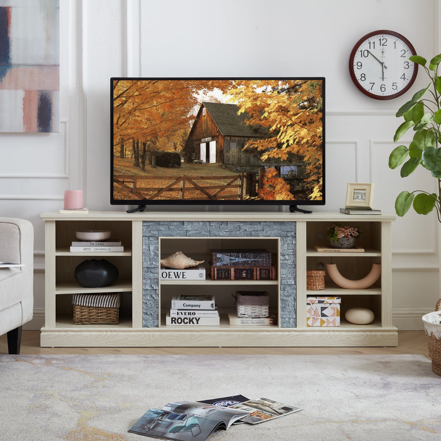 Large TV Desk Storage Rack with Faux Stacked Stone Surround,Media Console Table with Large Storage Cabinet,Modern TV Media Entertaionment Stand,WHITE, 70.12'W*15.35'D*25.83'H