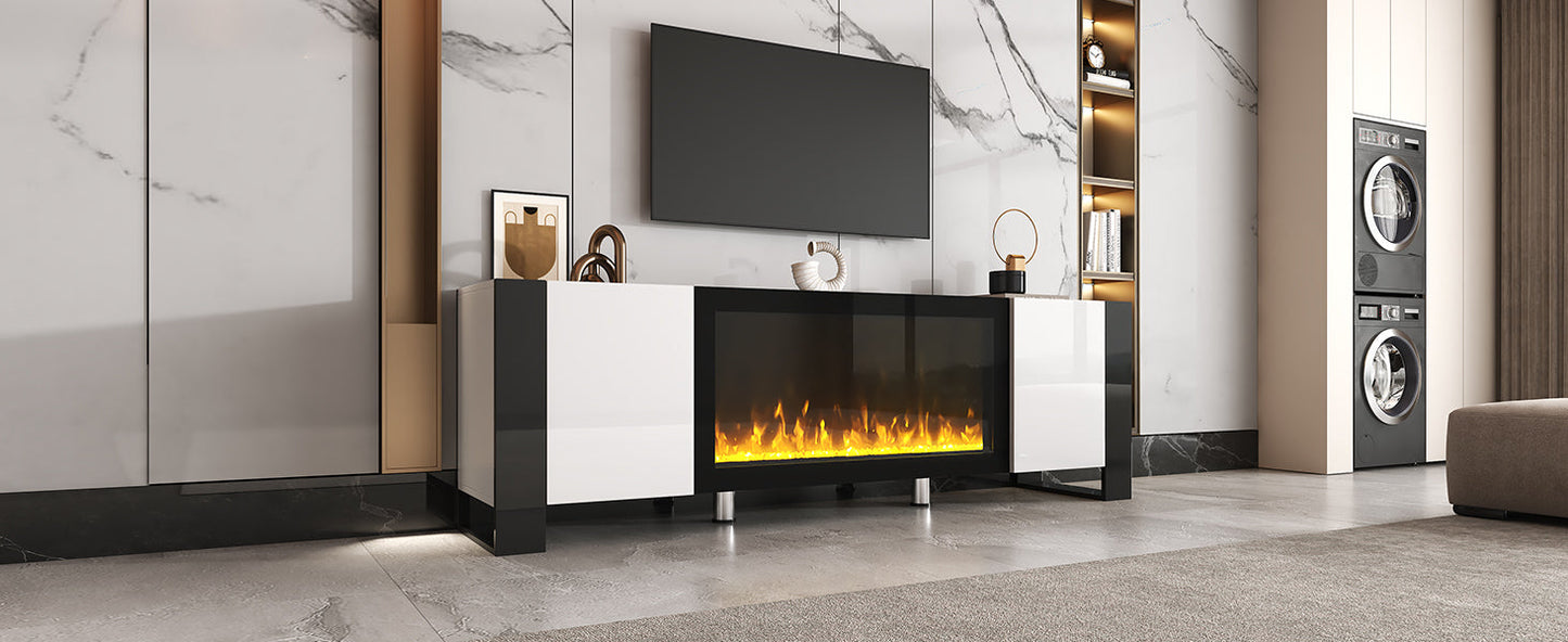 ON-TREND Modern TV Stand with 34.2' Non-heating Electric Fireplace, High Gloss Entertainment Center with 2 Cabinets, Media Console for TVs up to 78', White