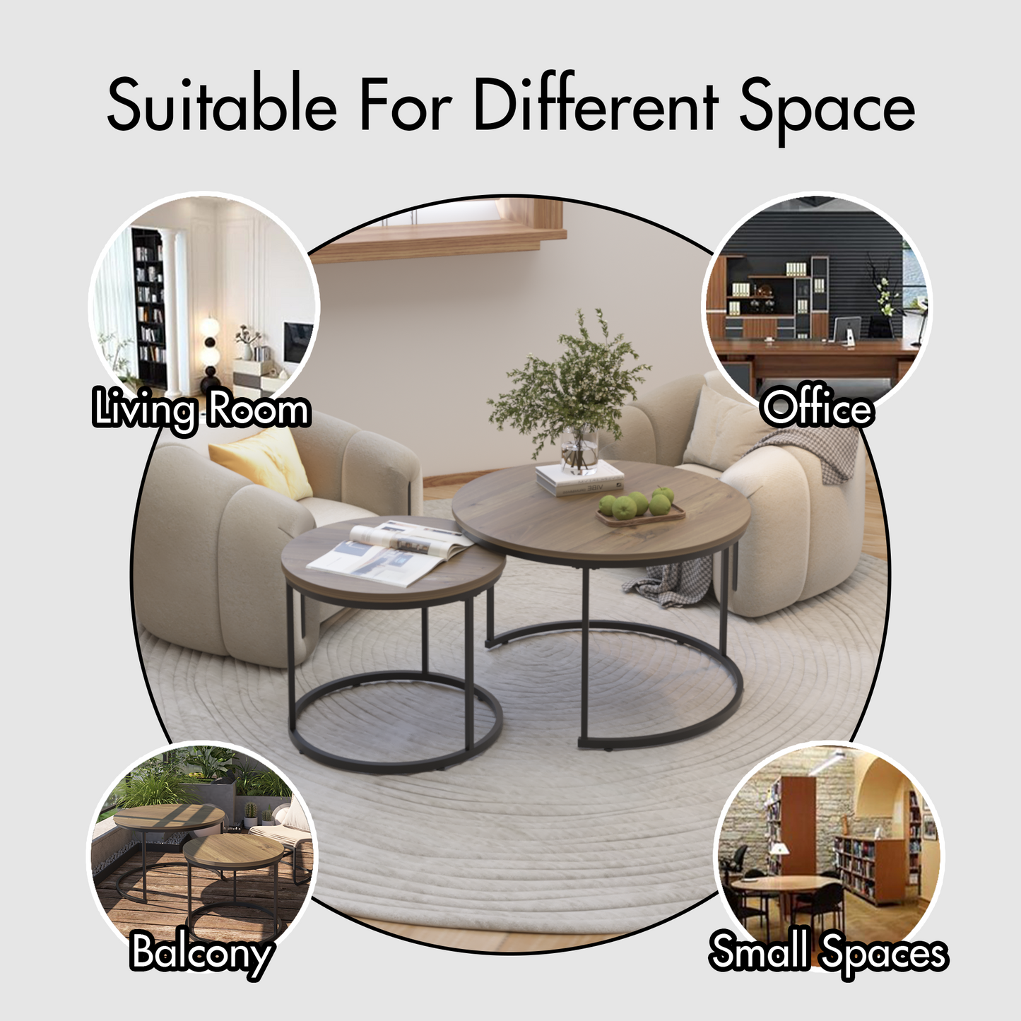 Nesting Coffee Table Set of 2, 27.6inch Round Coffee Table Industrial Wood Finish with Sturdy Metal Frame, End Table Side Tables for Living Room Bedroom Balcony Yard (Brown)