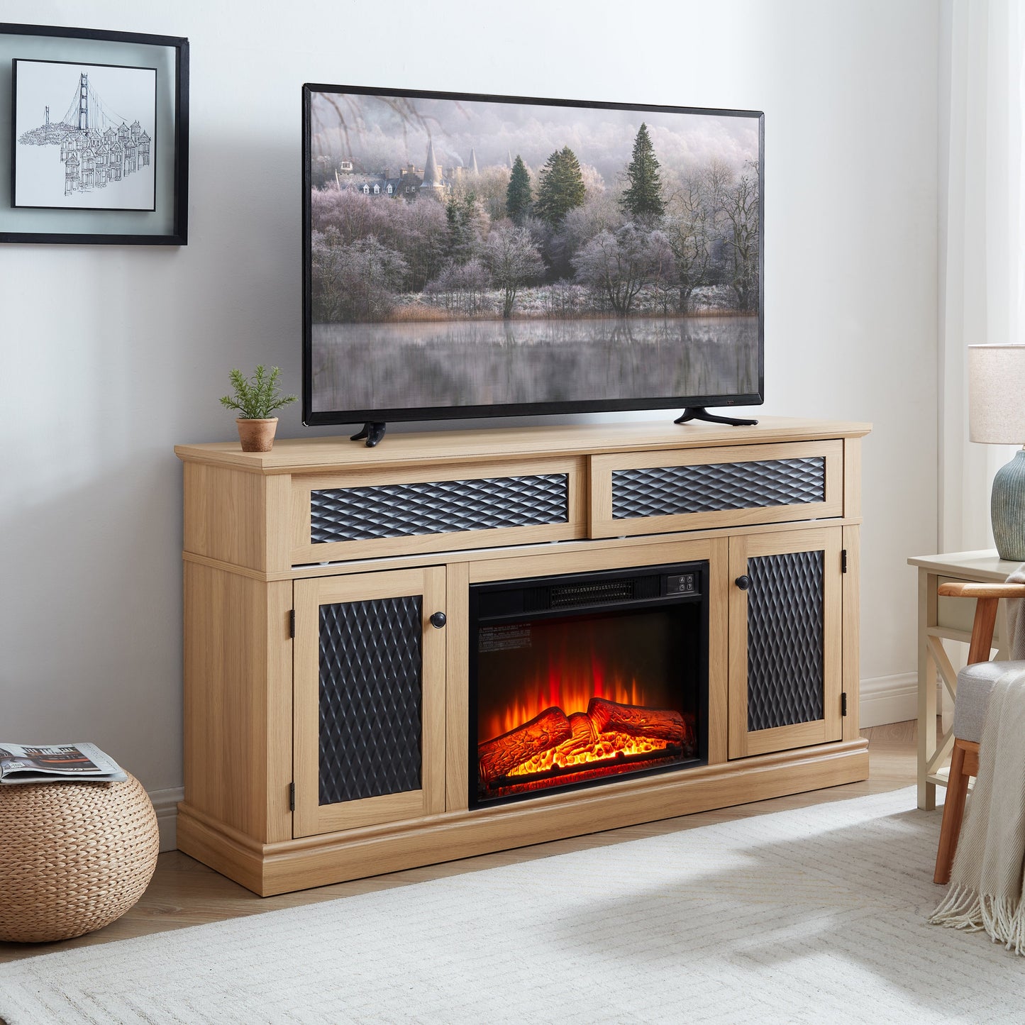 Embossed Pattern TV Stand with 23' fireplace insert,, TV and Media Console with Open and Closed Storage Space and sliding door for Living Room & Bedroom,LIGHT OAK, 58.27'W*15.35'W*31.7H