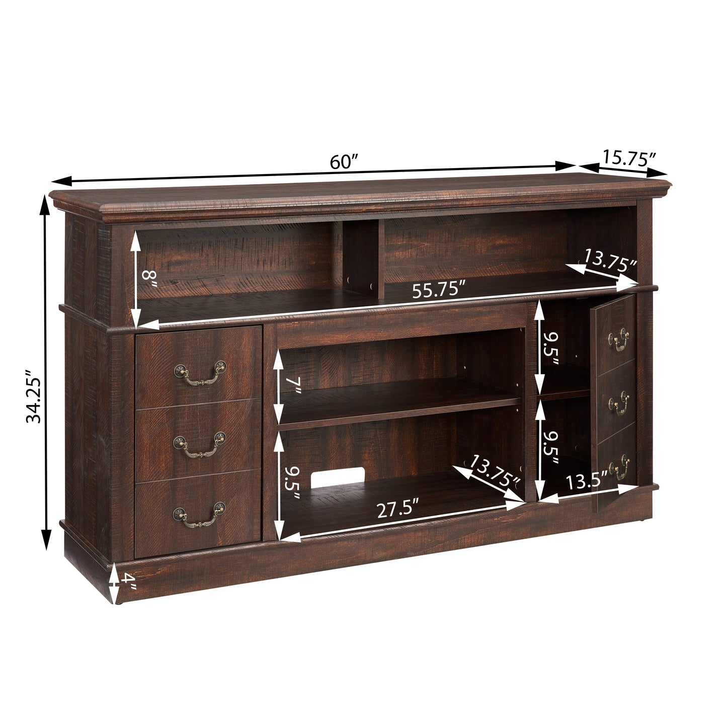 Traditional TV Media Stand Farmhouse Rustic Entertainment Console for TV Up to 65' with Open and Closed Storage Space, Espresso, 60'W*15.75'D*34.25'H