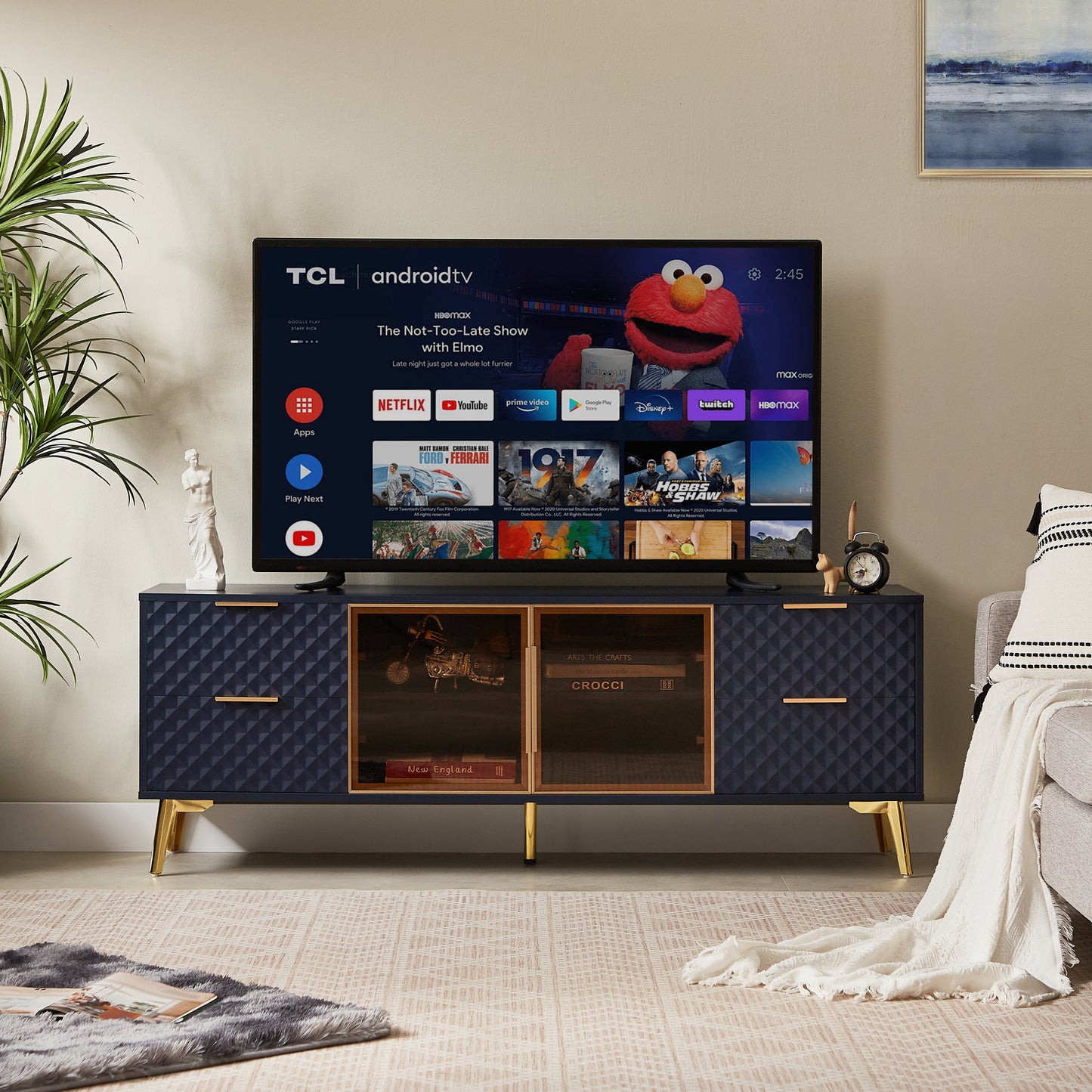 Deluxe Sculpted Modern Fashion Geometric Style TV Stand, Aluminum Frame Tempered Glass Door 4 Drawer Chest with Adjustable Metal Feet ,Dark Blue,59.9'L x 15.7'W x 21.7'H