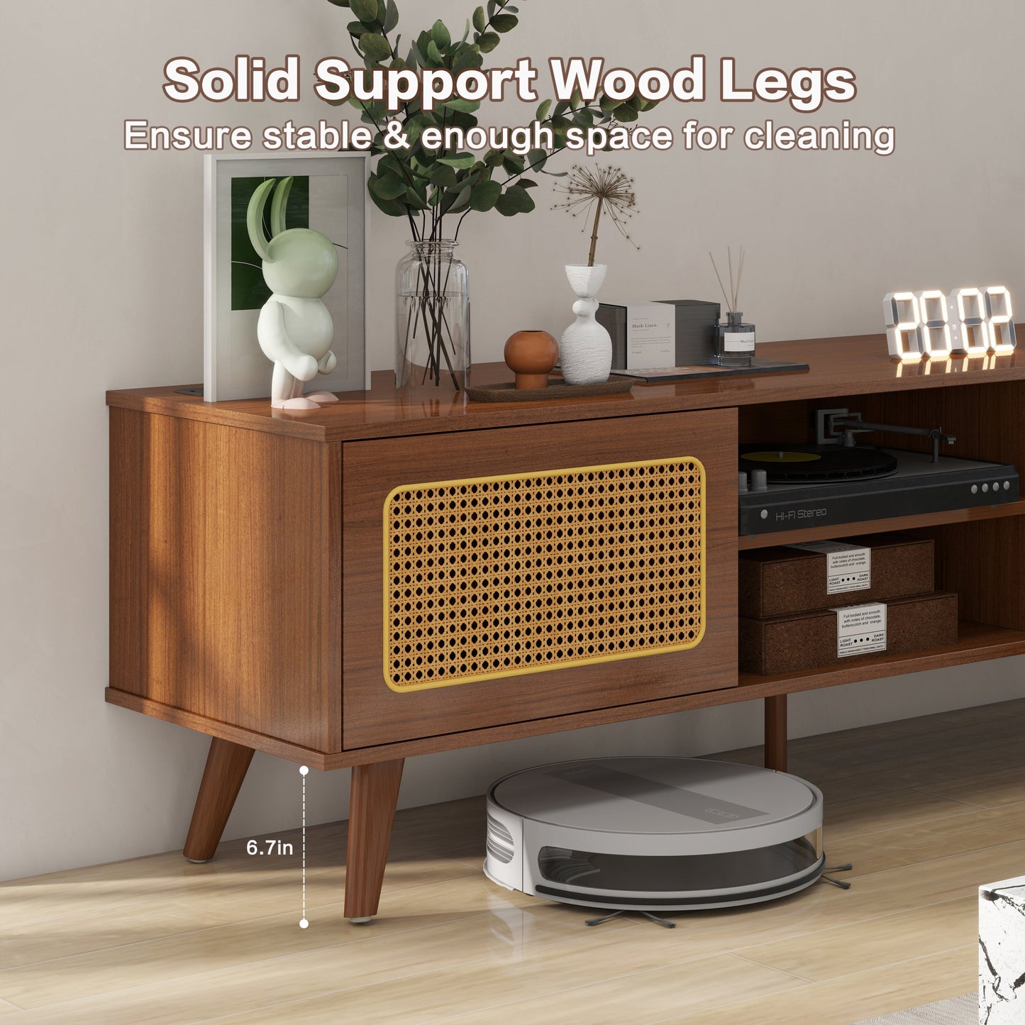 Mid Century Modern Rattan TV Stand for 55/60/65 inch TV , Entertainment Cabinet, Media Console for Living Room Bedroom Media Room, Solid Wood Feet & Rattan Cabinet Doors (Walnut, 59')