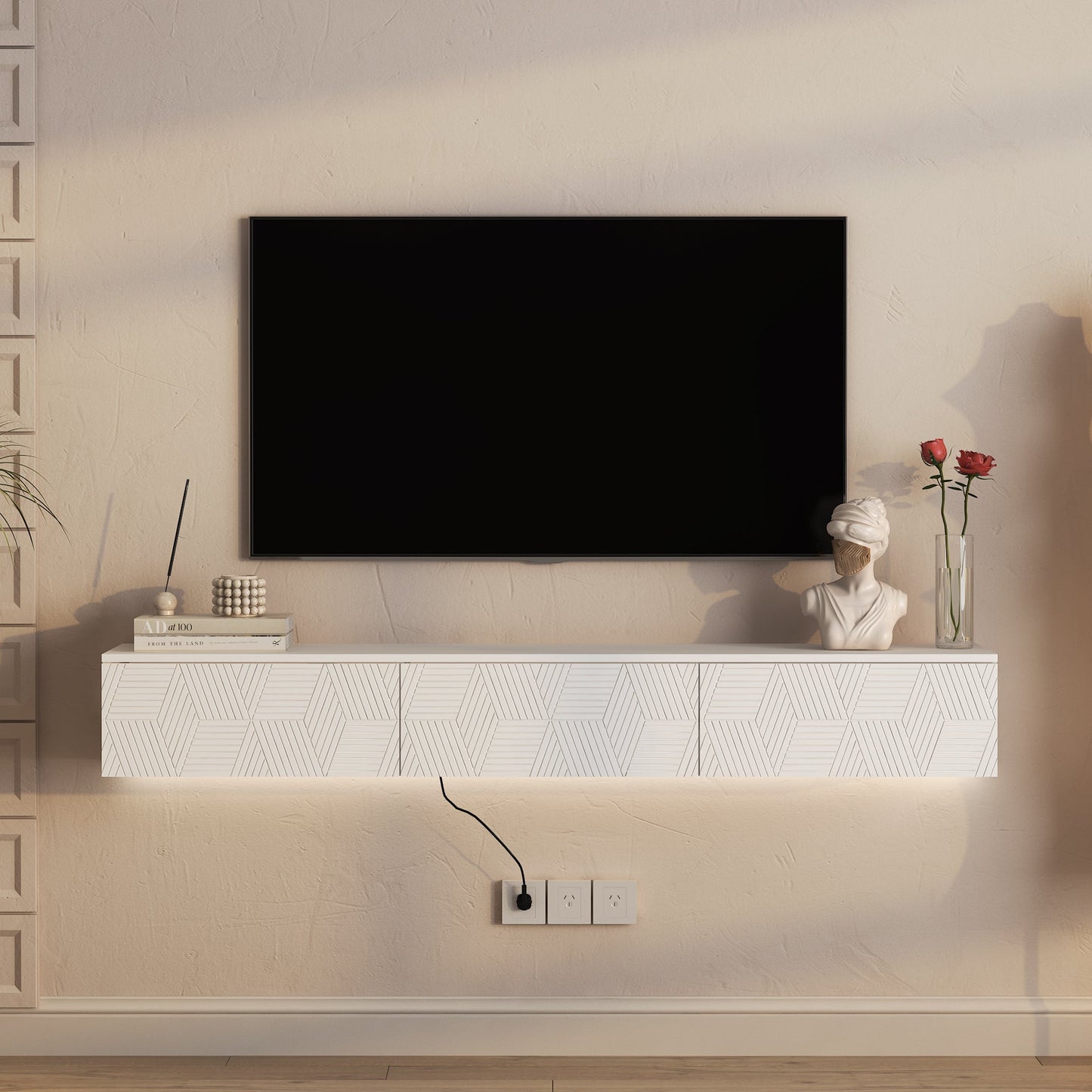 Floating TV Stand Wall Mounted with 16 Color LEDs,67' Modern TV Stand, Floating TV Cabinet Entertainment Center for 55 60 65 Inch TV,White
