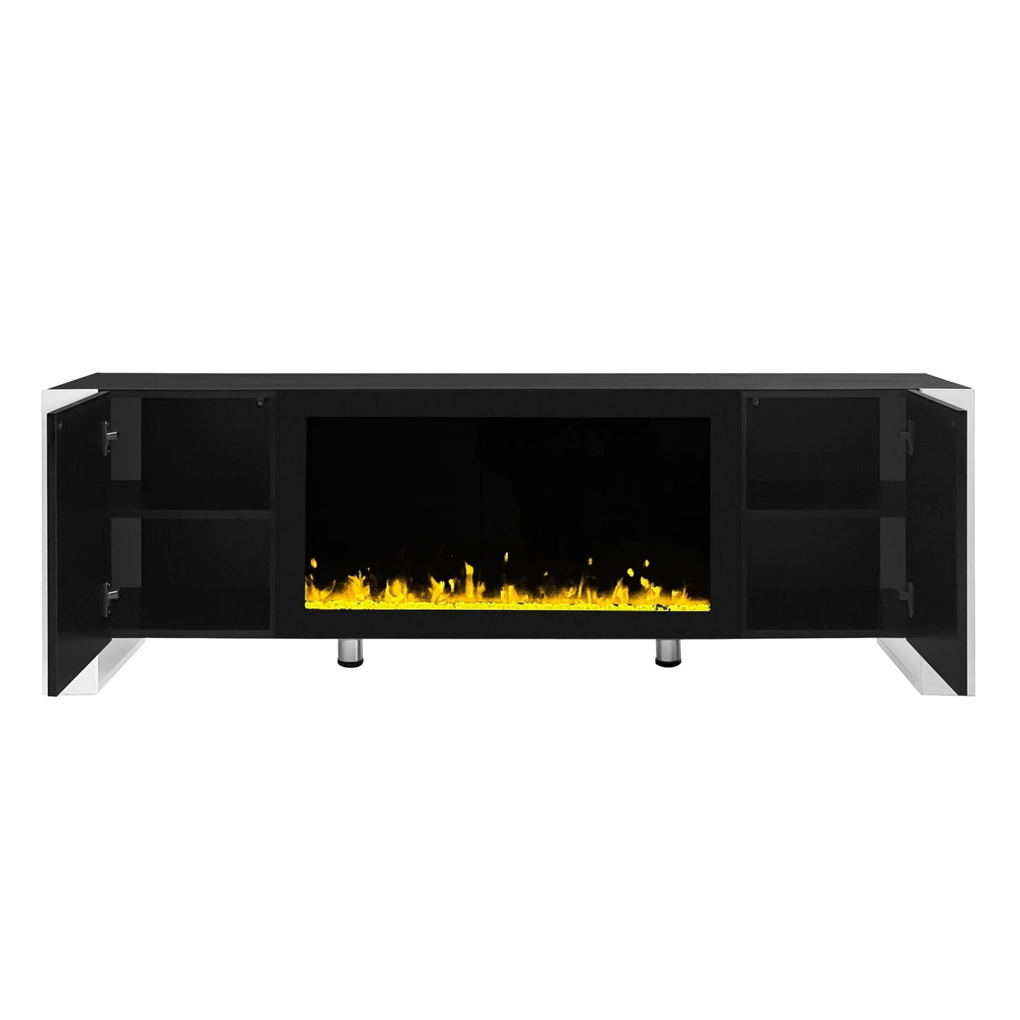 ON-TREND Modern TV Stand with 34.2' Non-heating Electric Fireplace, High Gloss Entertainment Center with 2 Cabinets, Media Console for TVs up to 78', Black