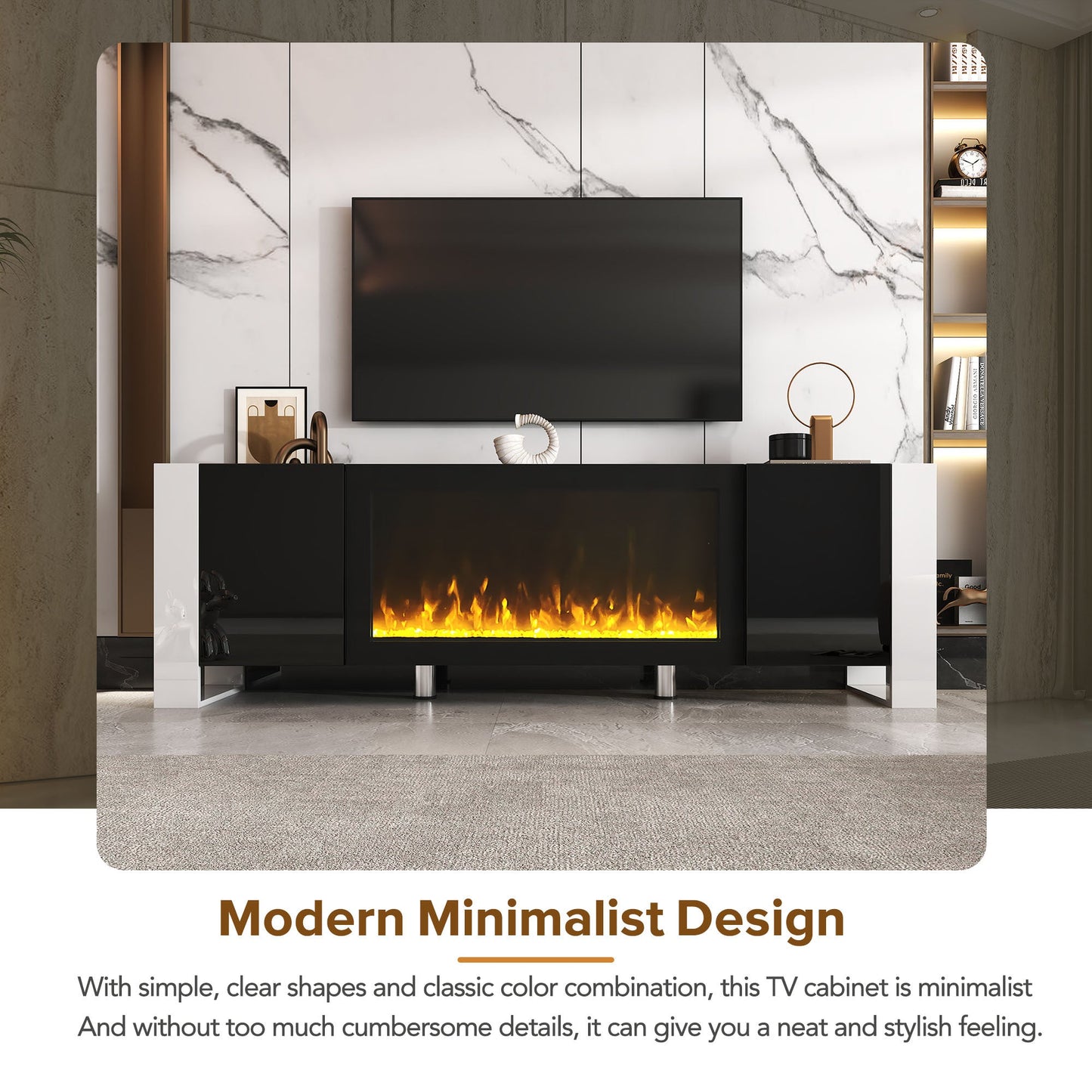 ON-TREND Modern TV Stand with 34.2' Non-heating Electric Fireplace, High Gloss Entertainment Center with 2 Cabinets, Media Console for TVs up to 78', Black