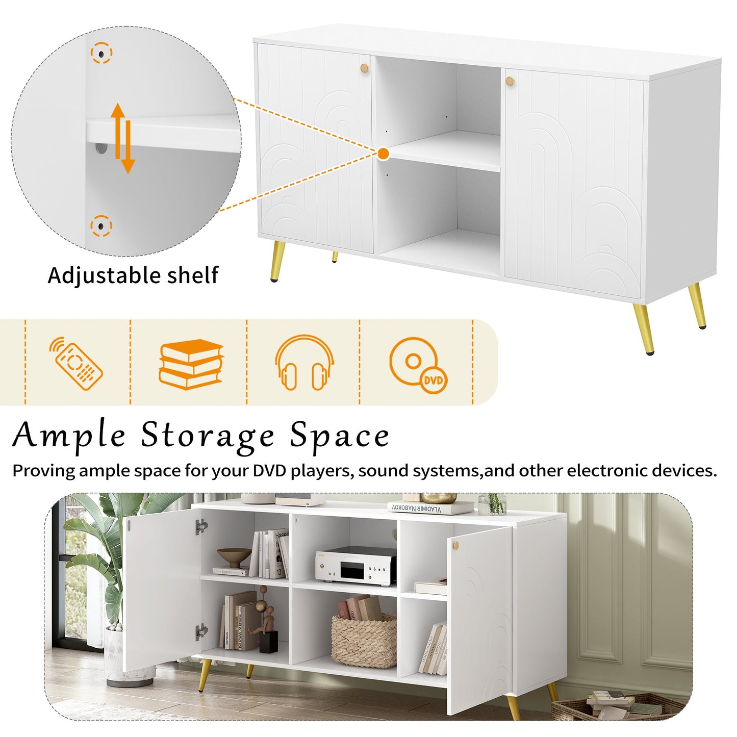 U-Can Modern TV Stand for TVs up to 55 Inches, Entertainment Center Media Console,Adjustable Shelf, Metal Legs, Handles and Anti-tip Device for Living room