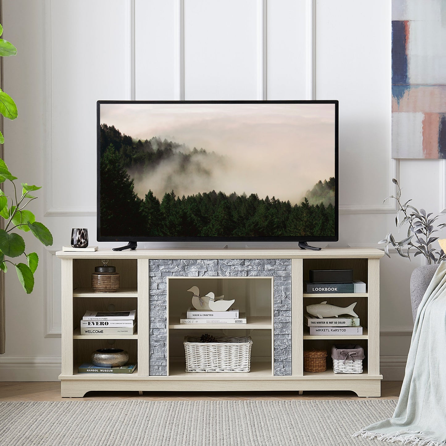 Mantel Stone TV Media Stand with with Faux Stacked Stone Surround, Modern Entertainment Console with Open Storage Space,WHITE, 58.31'W*15.39'D*26.06'H