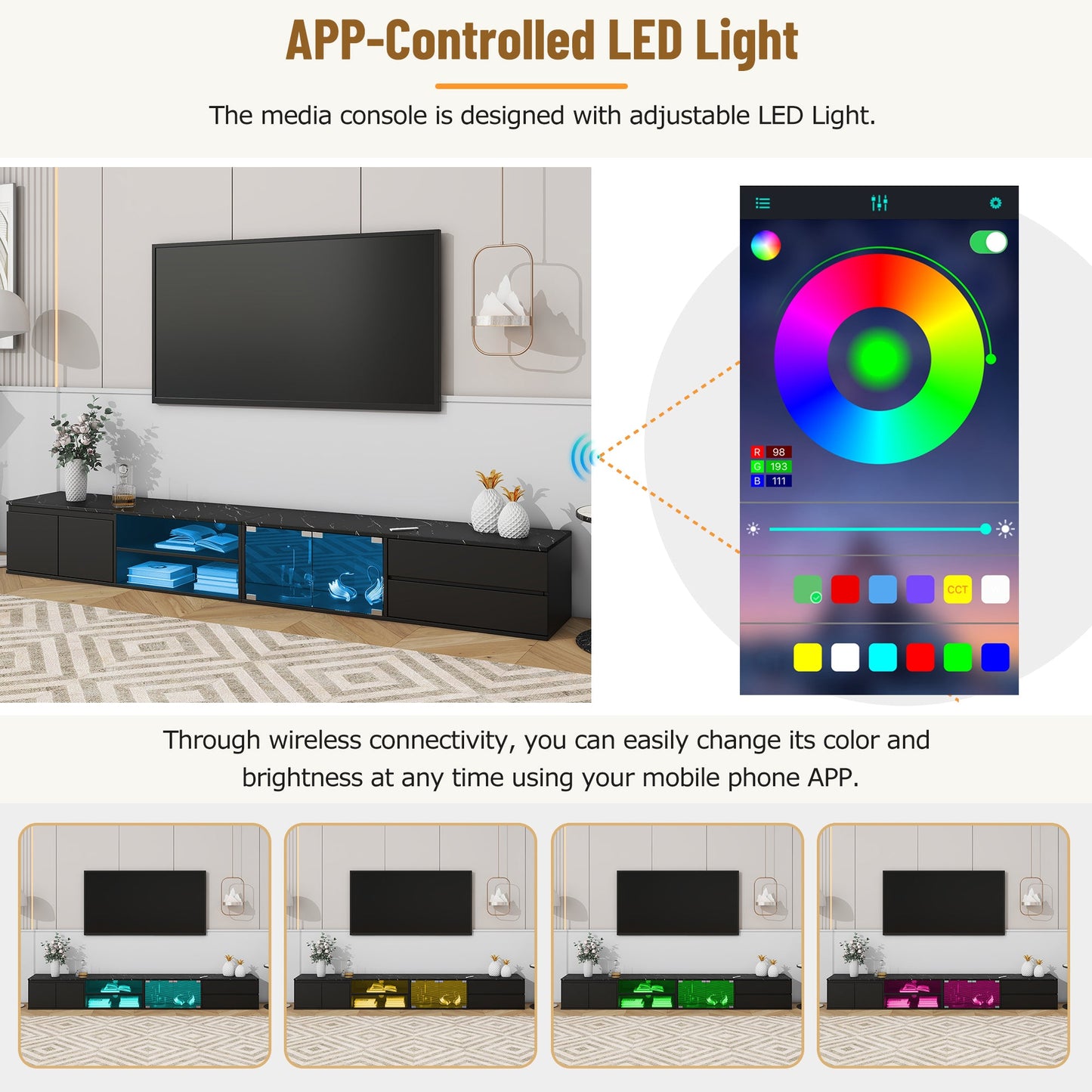 ON-TREND Modern APP Controlled LED TV Stand for TVs Up to 105'', Faux Marble Tabletop Media Console with Tempered Glass Doors, Entertainment Center with 2 Drawers & Cabinets for Living Room, Black