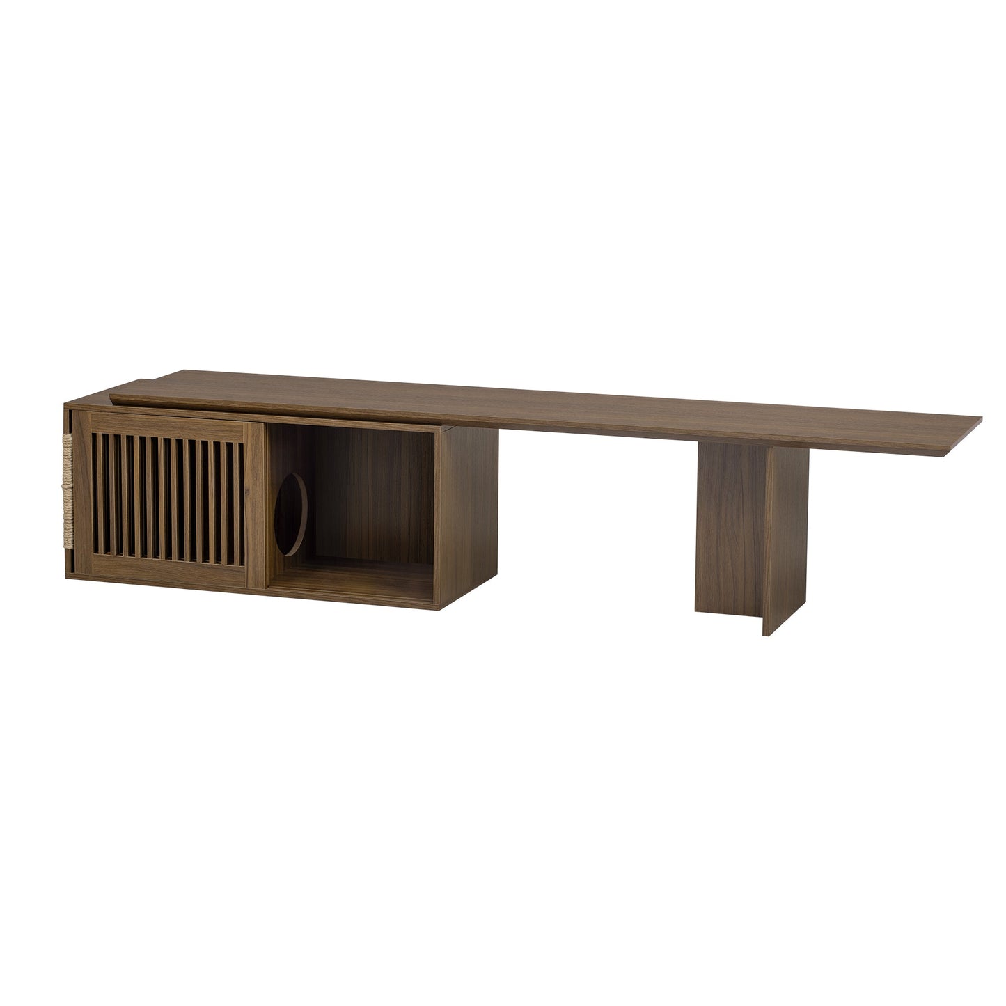 Mid-Century Modern 2 in 1 Cat Furniture Walnut TV Stand With Extendable table, Litter Box Enclosure with Cat Scratcher