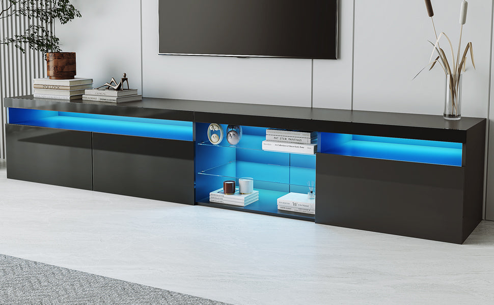 ON-TREND Unique Design TV Stand with 2 Glass Shelves, Ample Storage Space Media Console for TVs Up to 105', Versatile TV Cabinet with LED Color Changing Lights for Living Room, Black