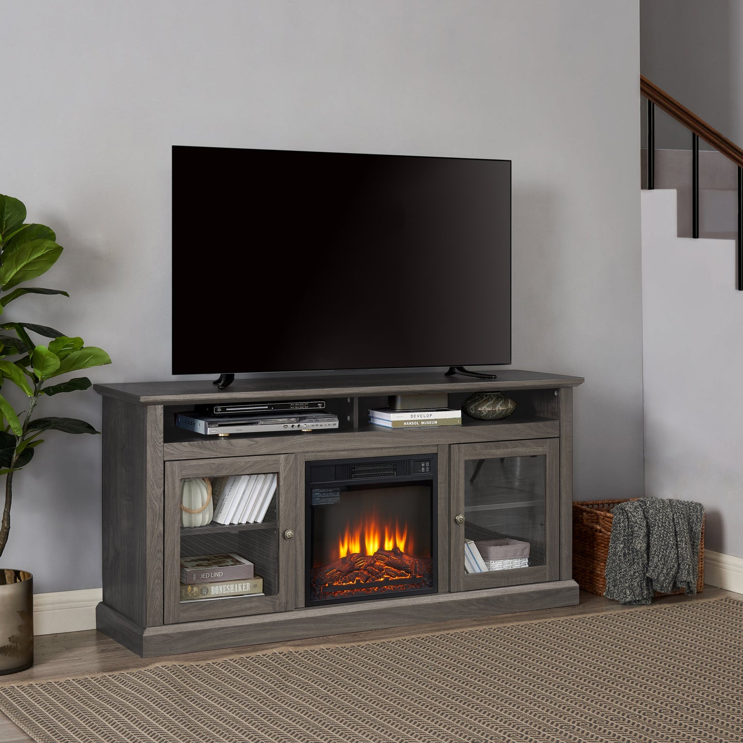 Retro TV Stand for 65'' TV, TV Console Cabinet with Storage, Open Shelves Entertainment Center with 18' Fireplace Insert for Living Room Dark Walnut 60'W*15.75'D*29'H