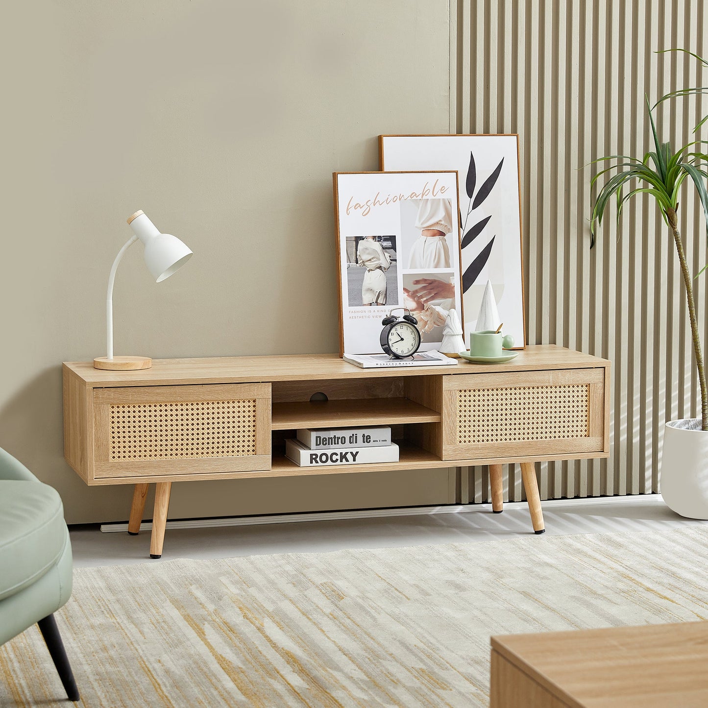 Natural Rattan TV Cabinet with Double Sliding Doors, Adjustable Shelf, Solid Wood Legs, 55.12 Inches