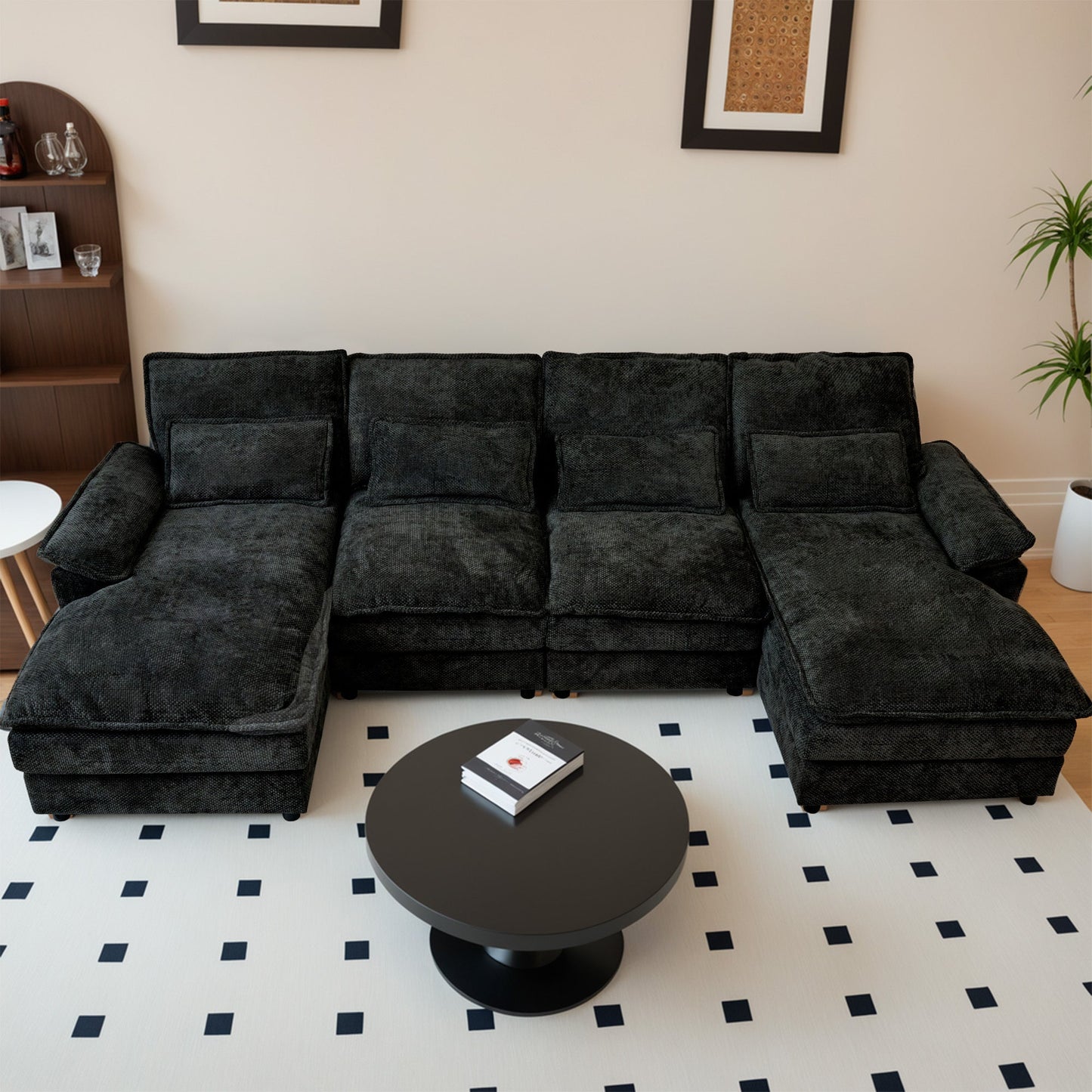 110' Modular Sectional Sofa Cloud Couch with Double Chaise Lounge , U Shaped Chenille Upholstered Leisure Sofa&Couches with Memory Foam and Waist Pillows for Living Room Office,Black.
