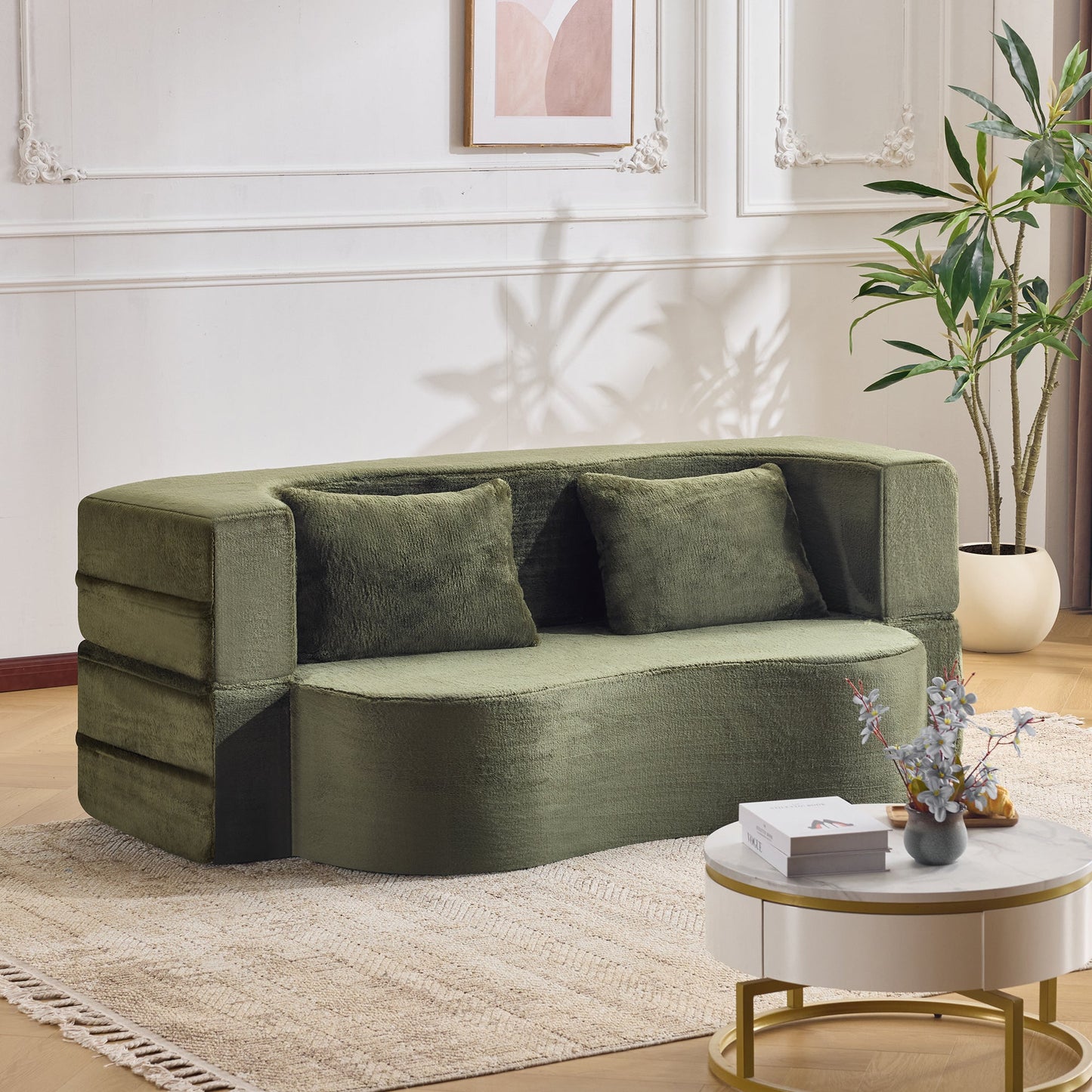 71-inch folding sofa bed, plush futon sofa bed, high-density foam convertible sofa bed, folding floor sofa bed for living room, guest room, bedroom, green