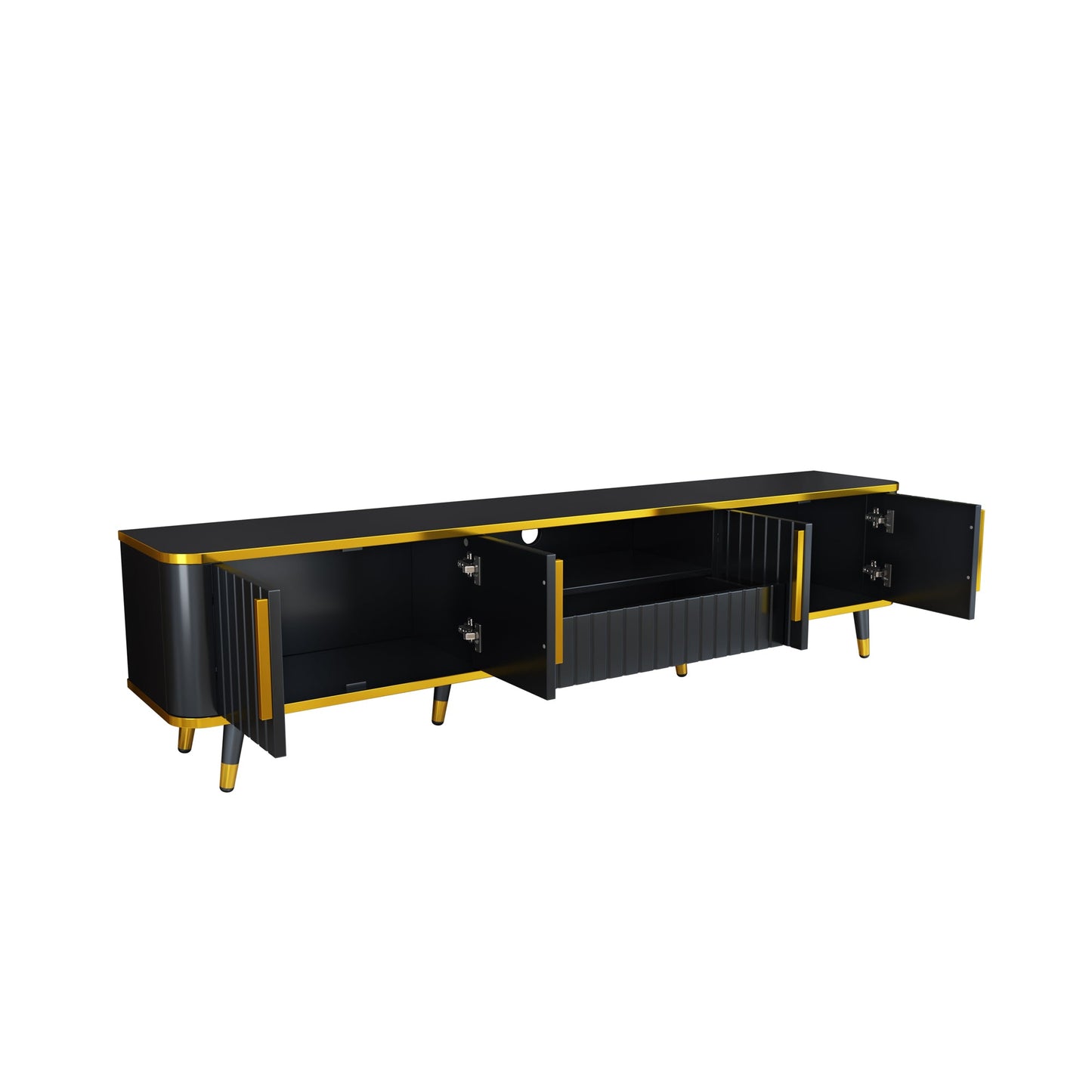 ON-TREND Luxury Minimalism TV Stand with Open Storage Shelf for TVs Up to 85', Entertainment Center with Cabinets and Drawers, Practical Media Console with Unique Legs for Living Room, Black