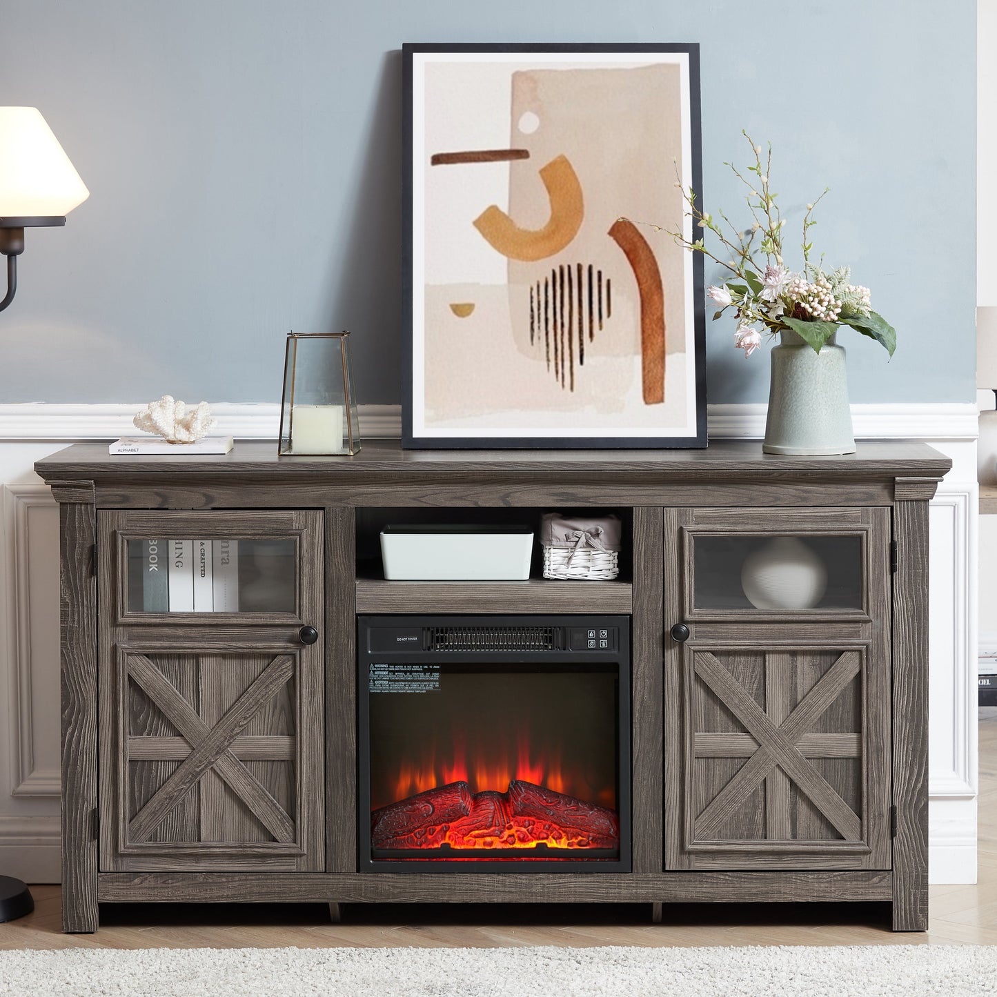 2 Doors Cabinet Farmhouse Cabinet, Farmhouse TV Stand Barn Design,Farmhouse TV Media Stand, Large Barn Inspired Home Entertainment Console with 18' fireplace insert,GREY, 60.23'W*15.35'D*31.7'H