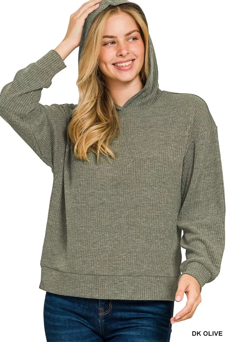 Zenana Ribbed Long Sleeve Hoodie - Lee's Retail