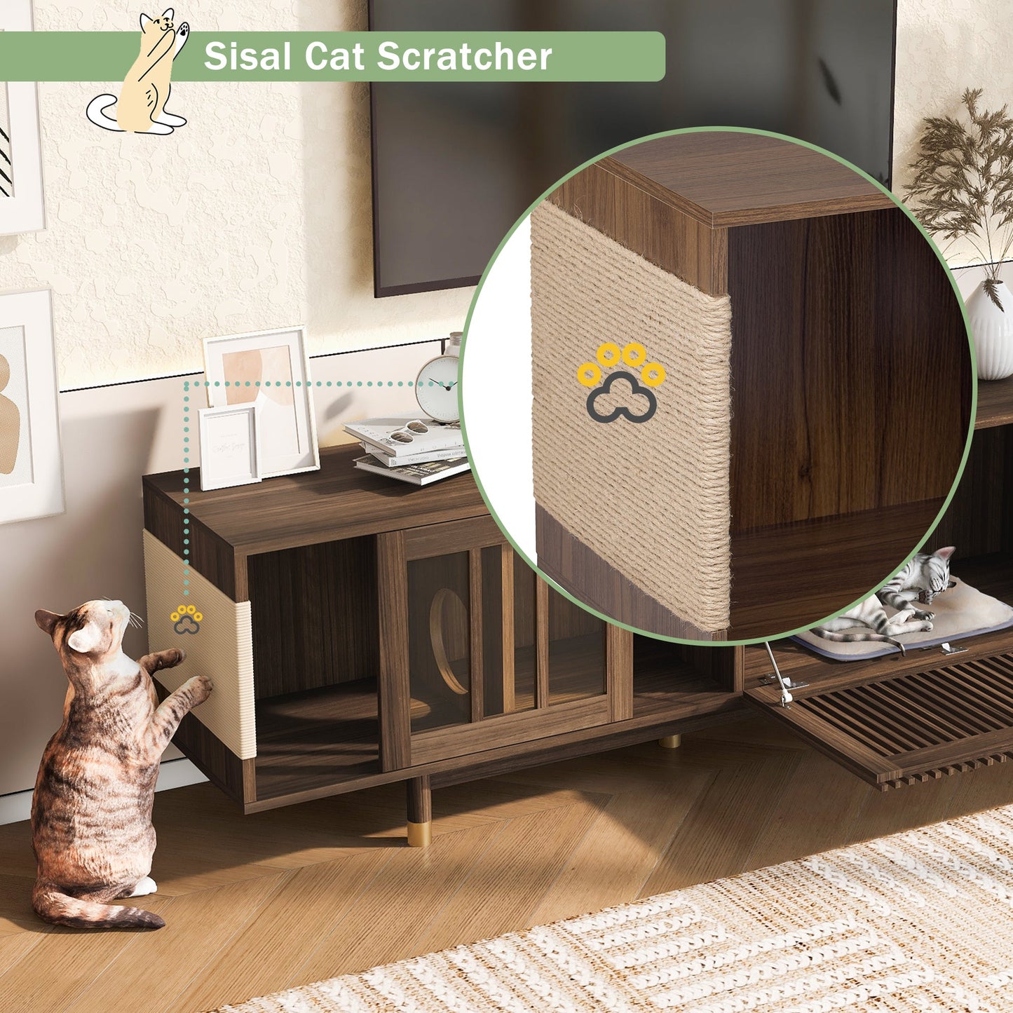Mid-Century Modern style 2 IN 1 Cat Furniture Walnut TV STAND with Cat Scratcher, Cat house With Sliding Flip-down glass door