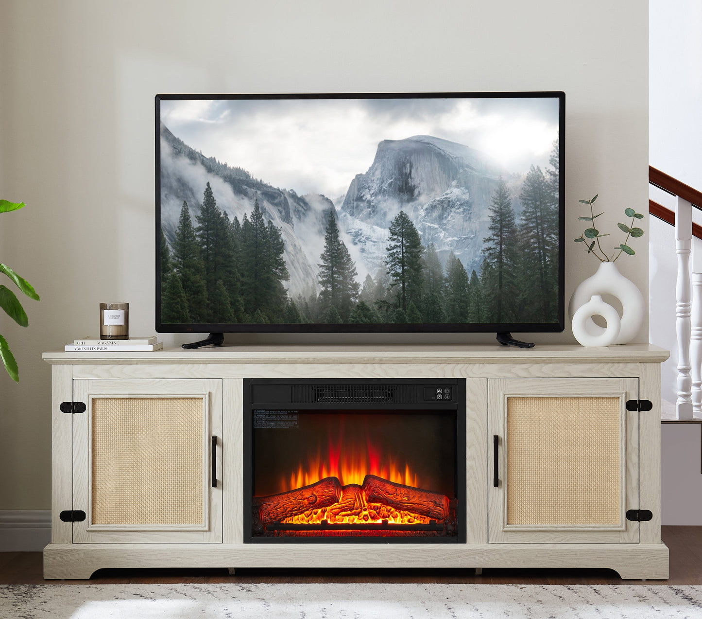 Natural Rattan Door Cabinet with Adjustable Shelf Wood, Farmhouse Rattan TV Stand Console Table for TVs up to 70 Inches, Storage tv stand with 23' fireplace insert, 65'W*15.55'D*23.86'H, White