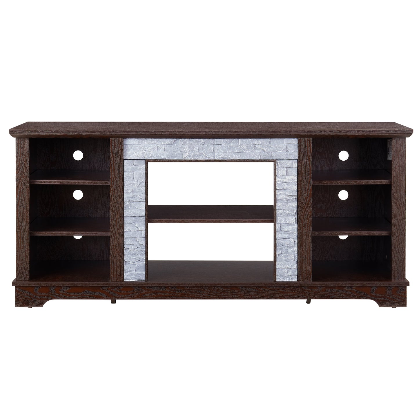 TV Media Stand with with Faux Stacked Stone Surround, Modern Entertainment Console with Open Storage Space, Cherry, 58.31'W*15.39'D*26.06'H