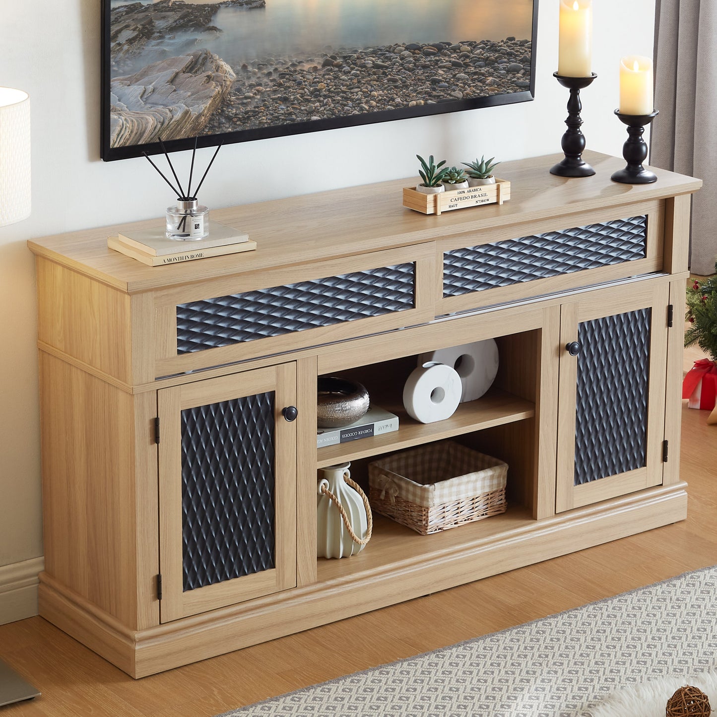 Embossed Pattern TV Stand, TV and Media Console with Open and Closed Storage Space and sliding door for Living Room & Bedroom, LIGHT OAK, 58.27'W*15.35'W*31.7H