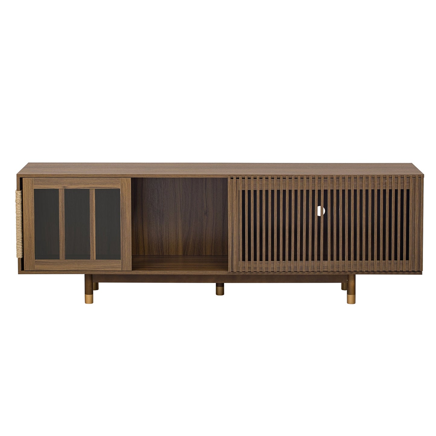 Mid-Century Modern style 2 IN 1 Cat Furniture Walnut TV STAND with Cat Scratcher, Cat house With Sliding Flip-down glass door