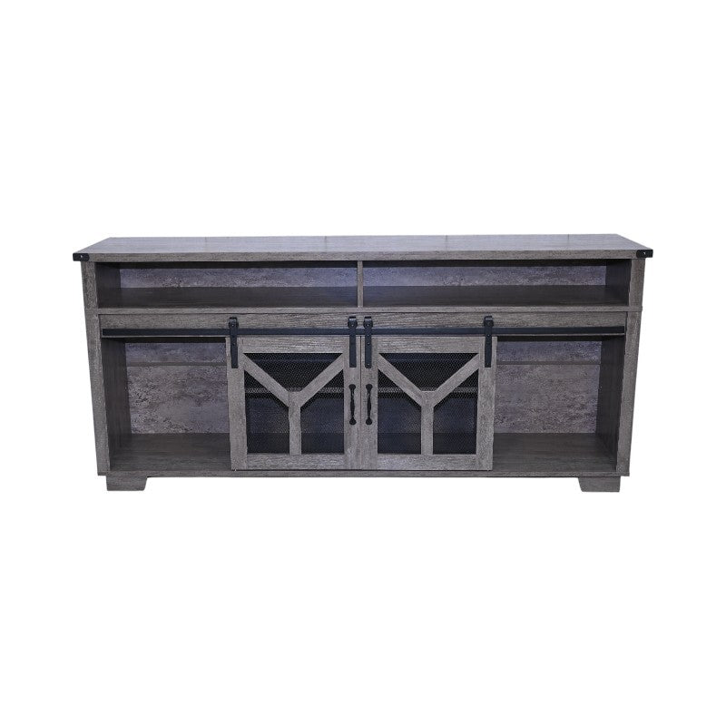 65.3' TV Stand with LED light strips and Iron mesh barn door Y decorative strip country grey farmhouse style