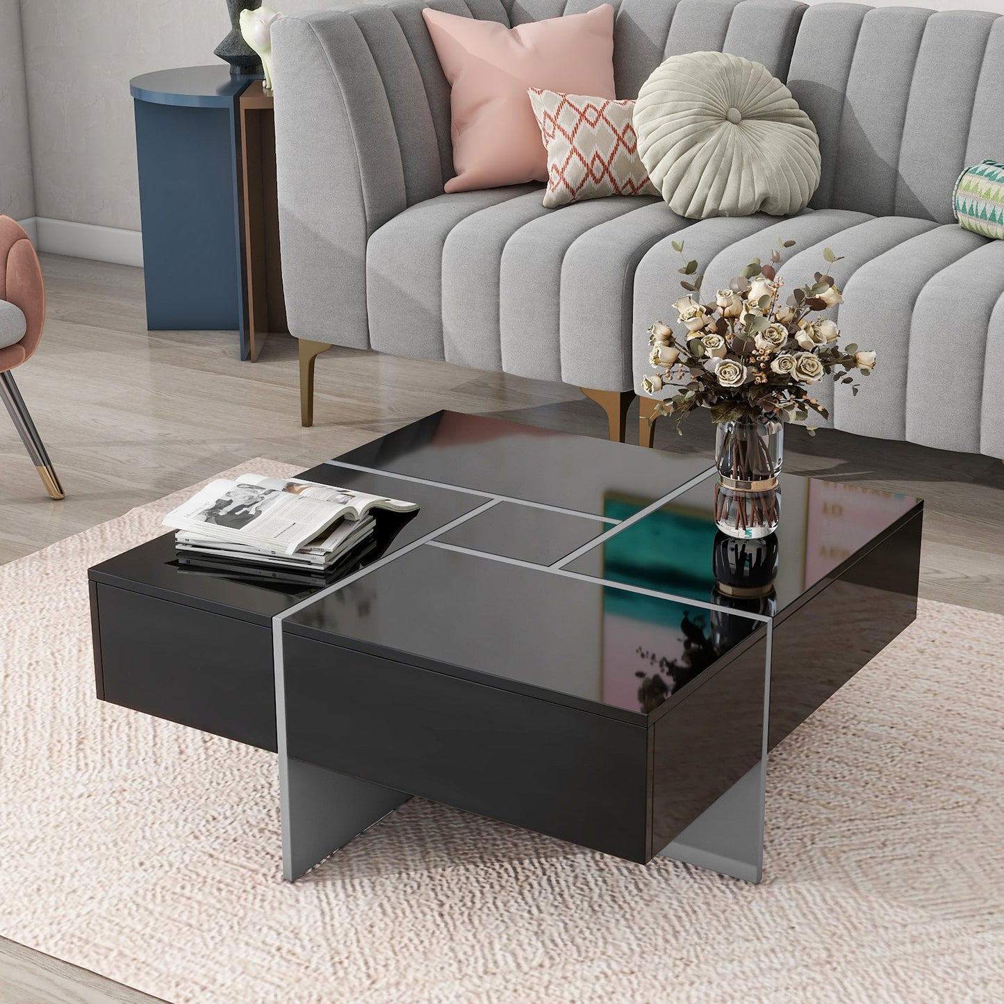 ON-TREND Unique Design Coffee Table with 4 Hidden Storage Compartments, Square Cocktail Table with Extendable Sliding Tabletop, UV High-gloss Design Center Table for Living Room, 31.5'x 31.5'