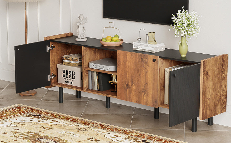 Mid Century TV Stand with 3 Cabinets, Media Console Table for TVs up to 70'', Entertainment Center with Storage for Living room, Bedroom, Black Color Top Panel & Handle