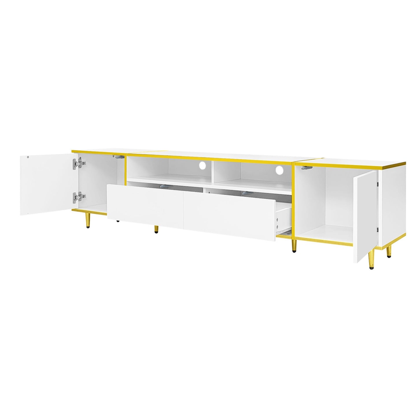 U-Can 70.9'' Modern TV Stand for TVs up to 80 Inches, Entertainment Center with 2 Shelves and LED Lights, TV Storage Cabinet with 2 Drawers, 2 Cabinets and Metal Legs for Living room