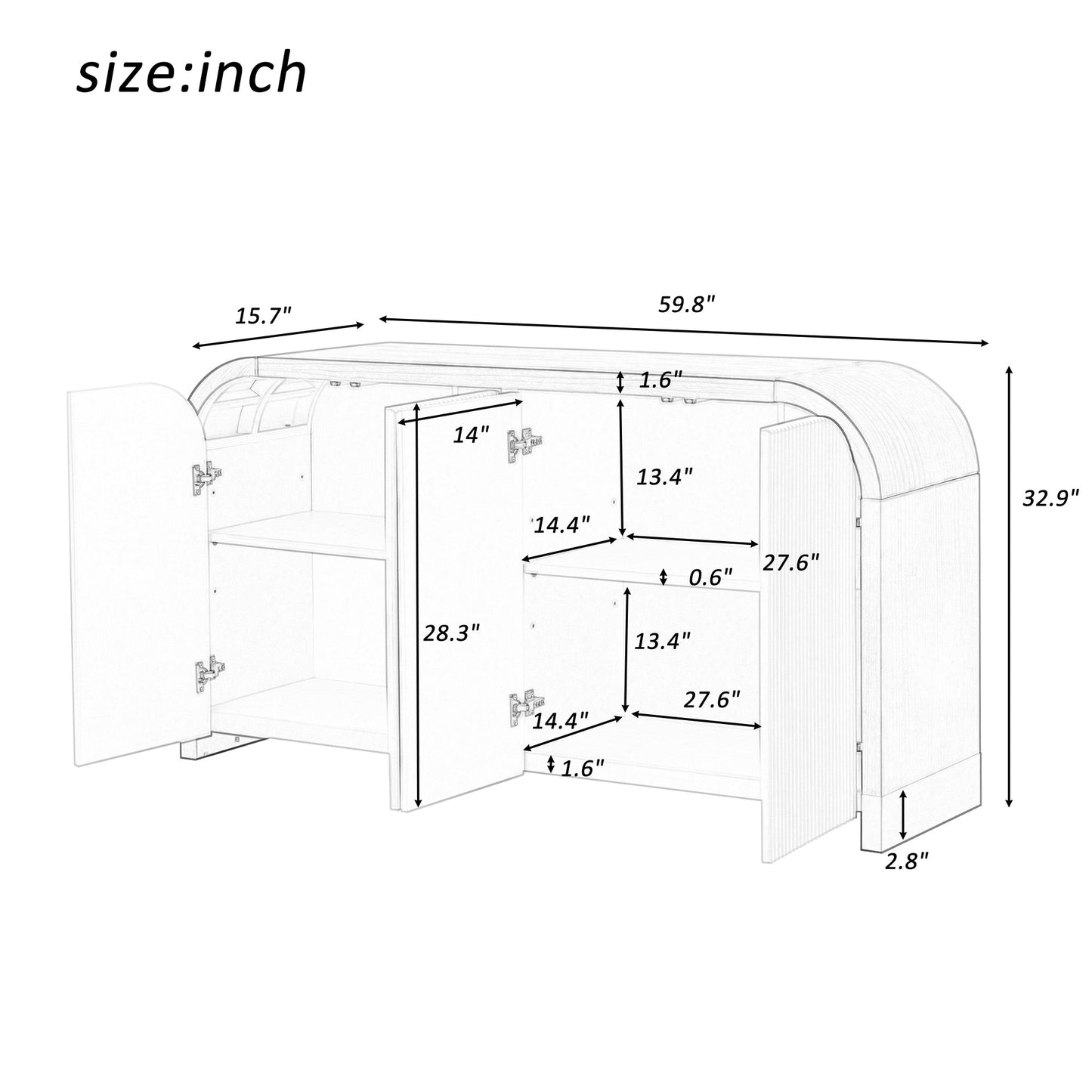 U_STYLE 4-door Curved Corner Design Wavy Door Panel Cabinet with Adjustable Shelves, Suitable for Study, Living Room and Entrance