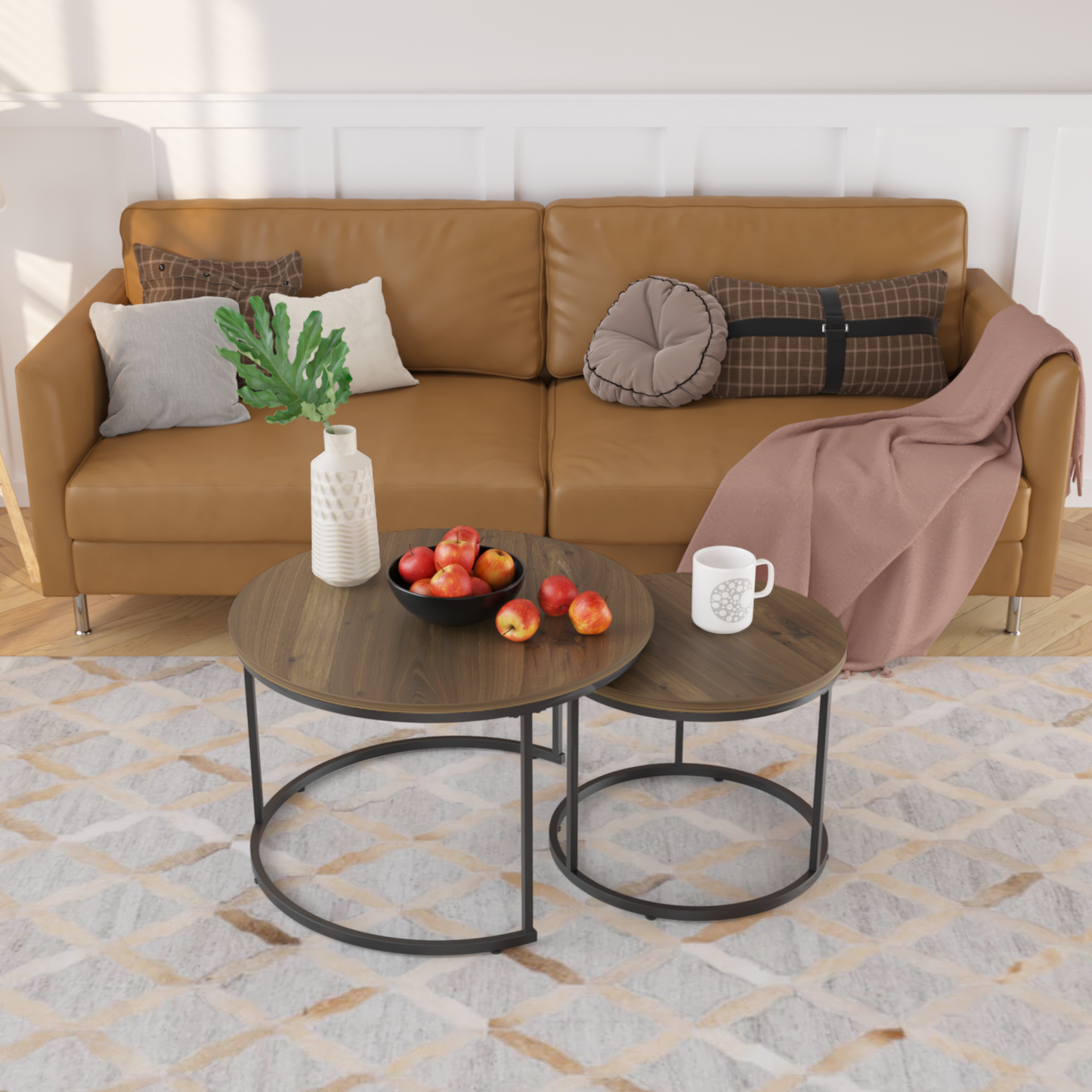 Nesting Coffee Table Set of 2, 27.6inch Round Coffee Table Industrial Wood Finish with Sturdy Metal Frame, End Table Side Tables for Living Room Bedroom Balcony Yard (Brown)