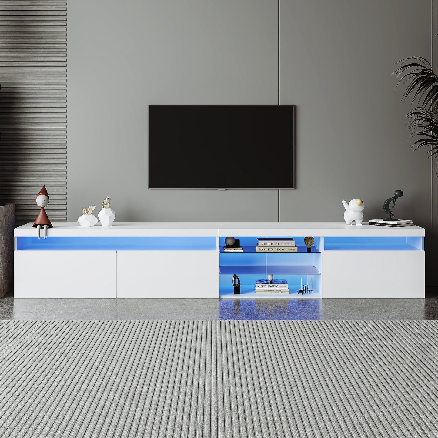 ON-TREND Unique Design TV Stand with 2 Glass Shelves, Ample Storage Space Media Console for TVs Up to 105', Versatile TV Cabinet with LED Color Changing Lights for Living Room, White