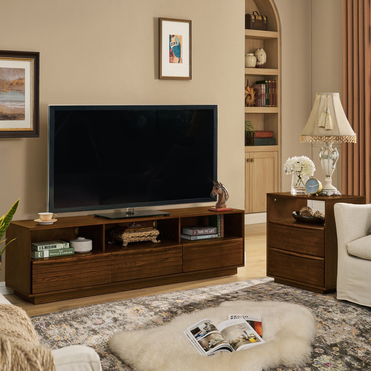 63' Mid-Century Modern TV Stand for TVs up to 75', Thick Sturdy Farmhouse Entertainment Cabinet, Media Console for Living Room, Louver Design & Solid Wood Drawers & Outlet Holes, Walnut