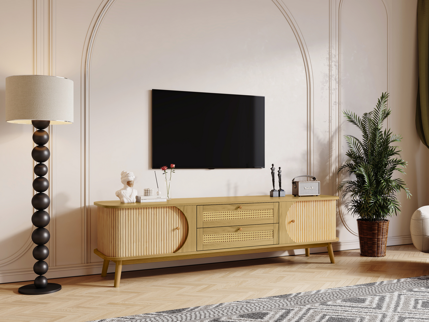 Rattan TV Stand for TVs up to 75'', Modern Farmhouse Media Console, Entertainment Center with Solid Wood Legs, TV Cabinet for Living Room,Home Theatre