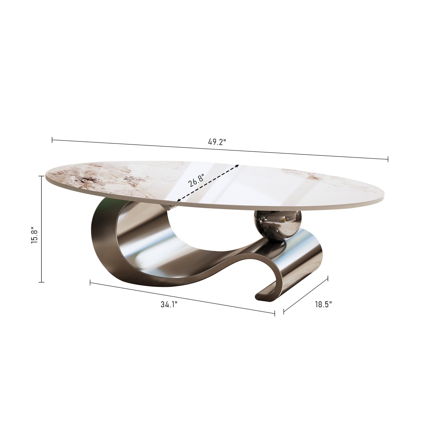 49.2' Faux Marble Oval Coffee Table, Contemporary Gray Stainless Steel Base, Modern Center Table for Living Room