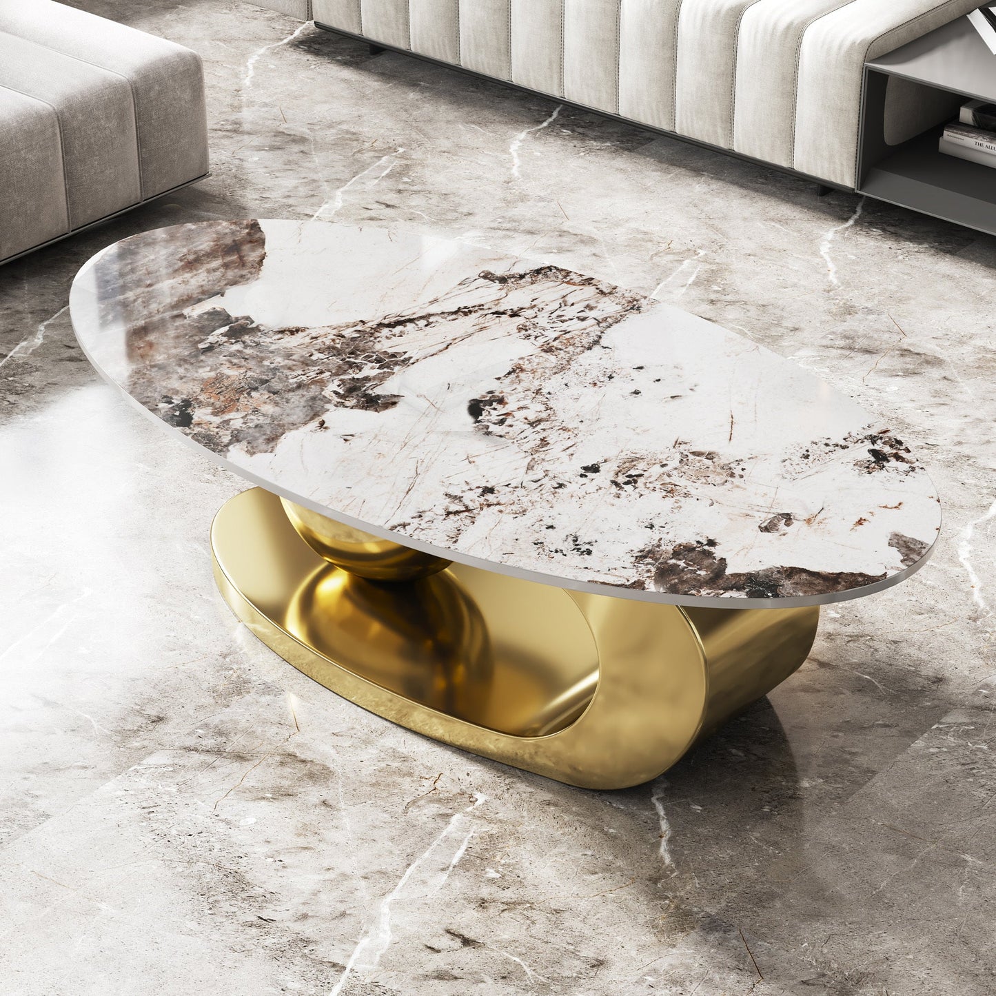 49.2 Inches Oval Faux Marble Coffee Table for Living Room with Stainless Steel Base